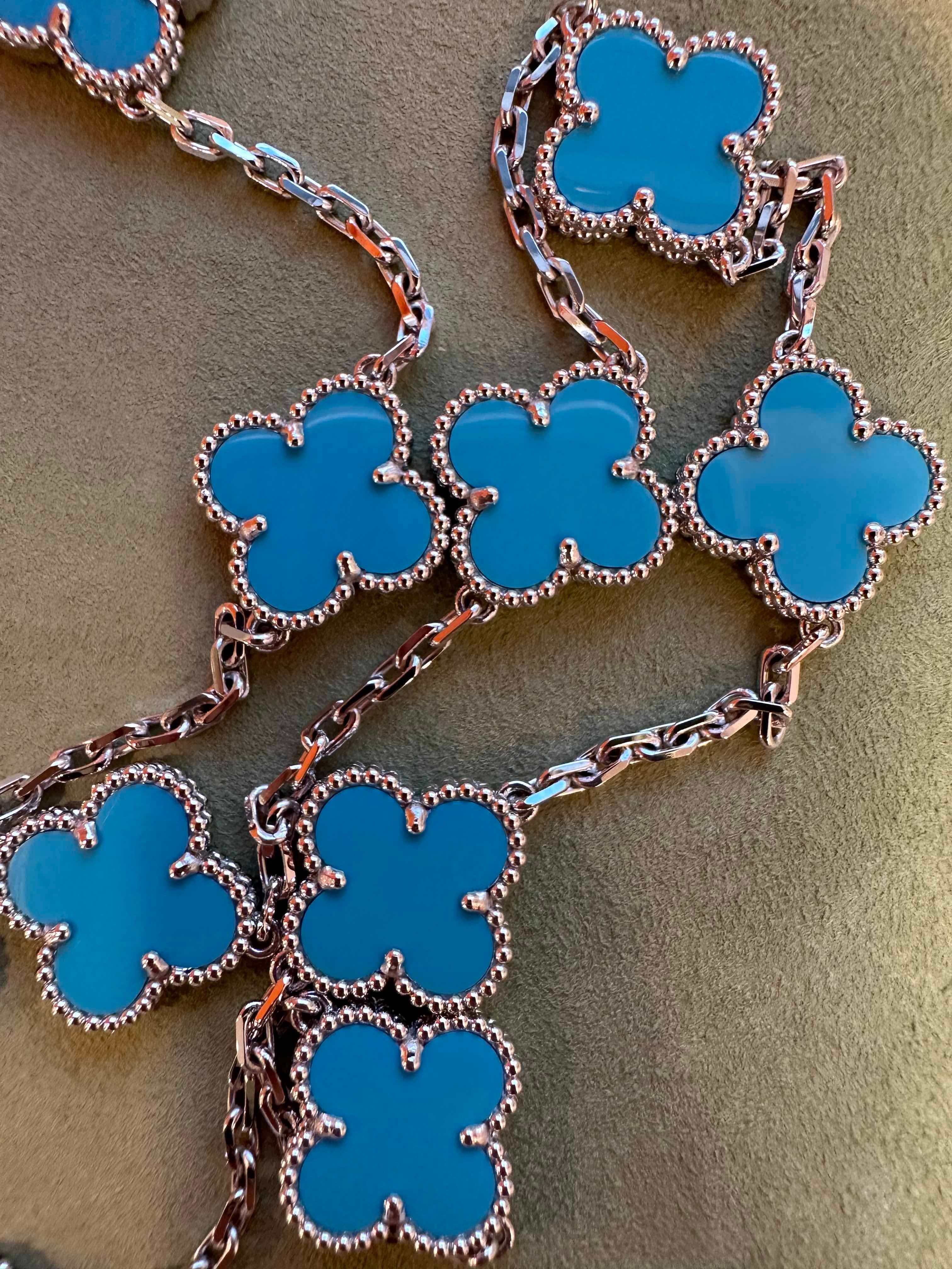 Van Cleef & Arpels Turquoise Vintage Alhambra 10 Motifs Necklace, White Gold 8