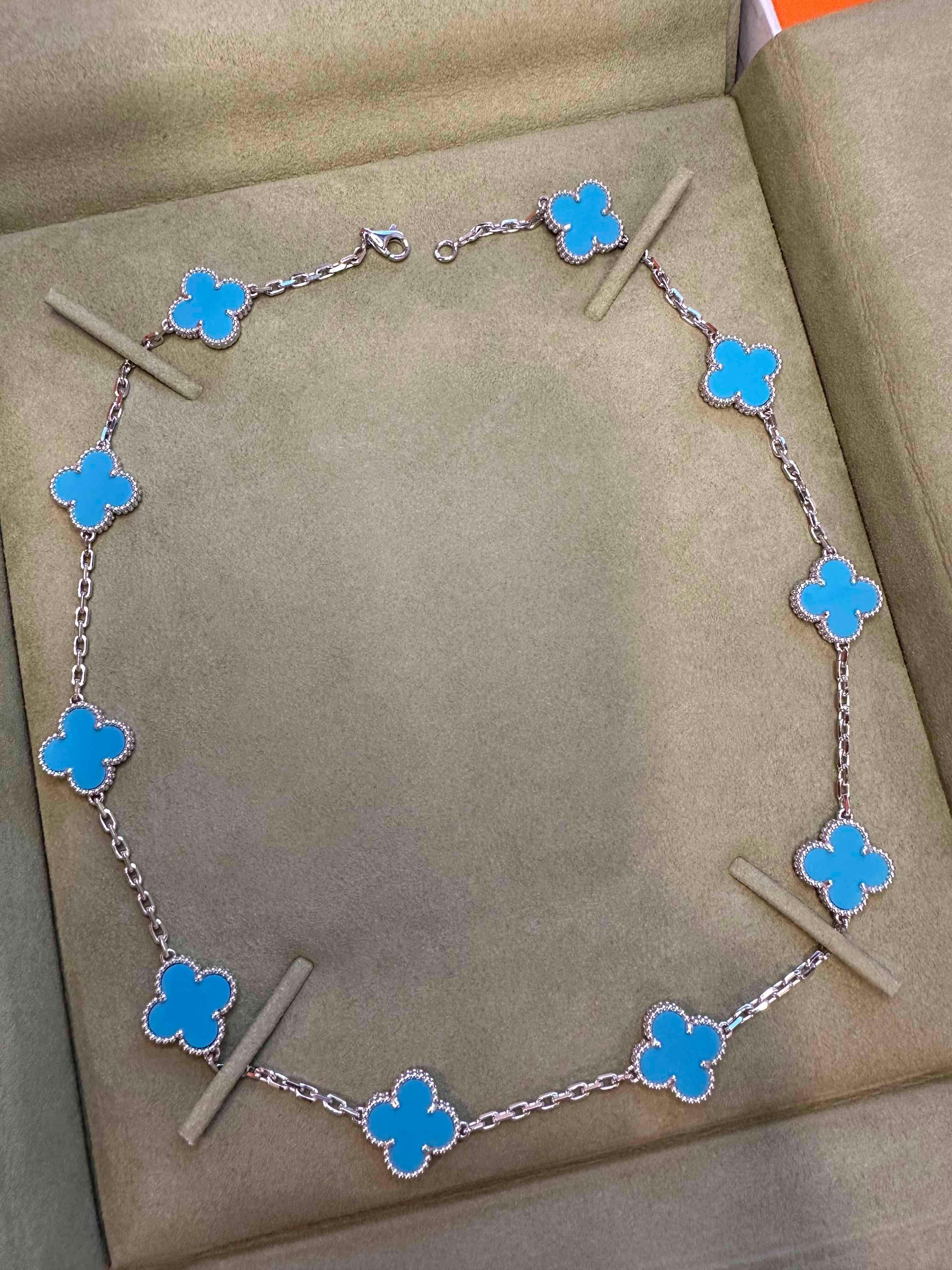 Van Cleef & Arpels chain necklace of 10 motifs Turquoise, white gold, Multiple ways of wearing as a necklace or a bracelet. Discontinued rare to find.

Maker: Van Cleef & Arpels

Accessories: Boxes and the necklace only. No certificate. The serial