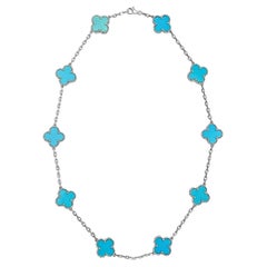 Van Cleef & Arpels Turquoise Antique Alhambra 10 Motifs Necklace, White Gold