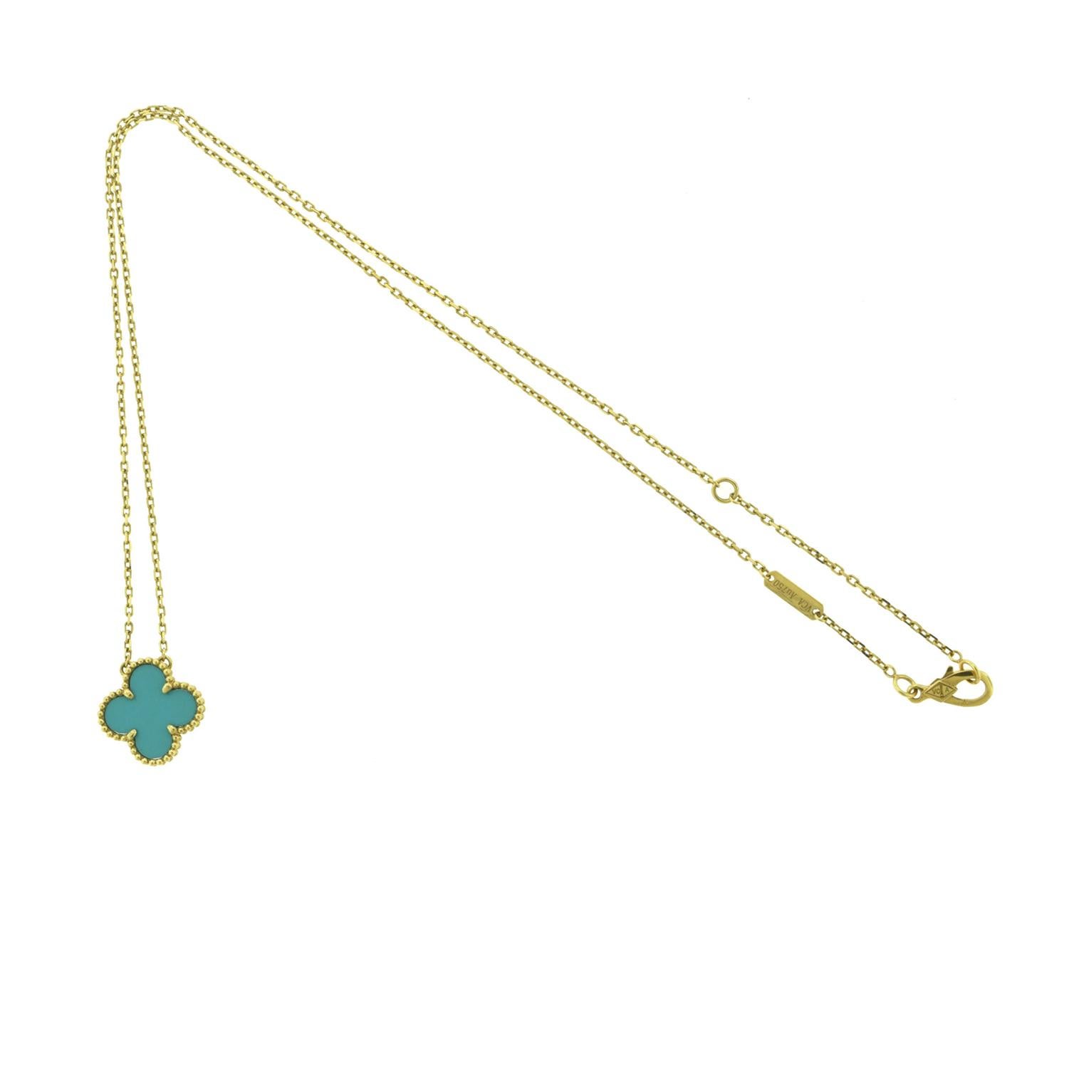 Designer:  Van Cleef & Arpels 

Collection:  Vintage Alhambra

Style:  1  Motif Necklace

Metal Type: Yellow Gold 

Metal Purity: 18k

Stone:  Rare Turquoise 

Pendant Size : Medium

Total Item  Weight(Grams): XX

Hallmarks: VCA; Serial #; AU750