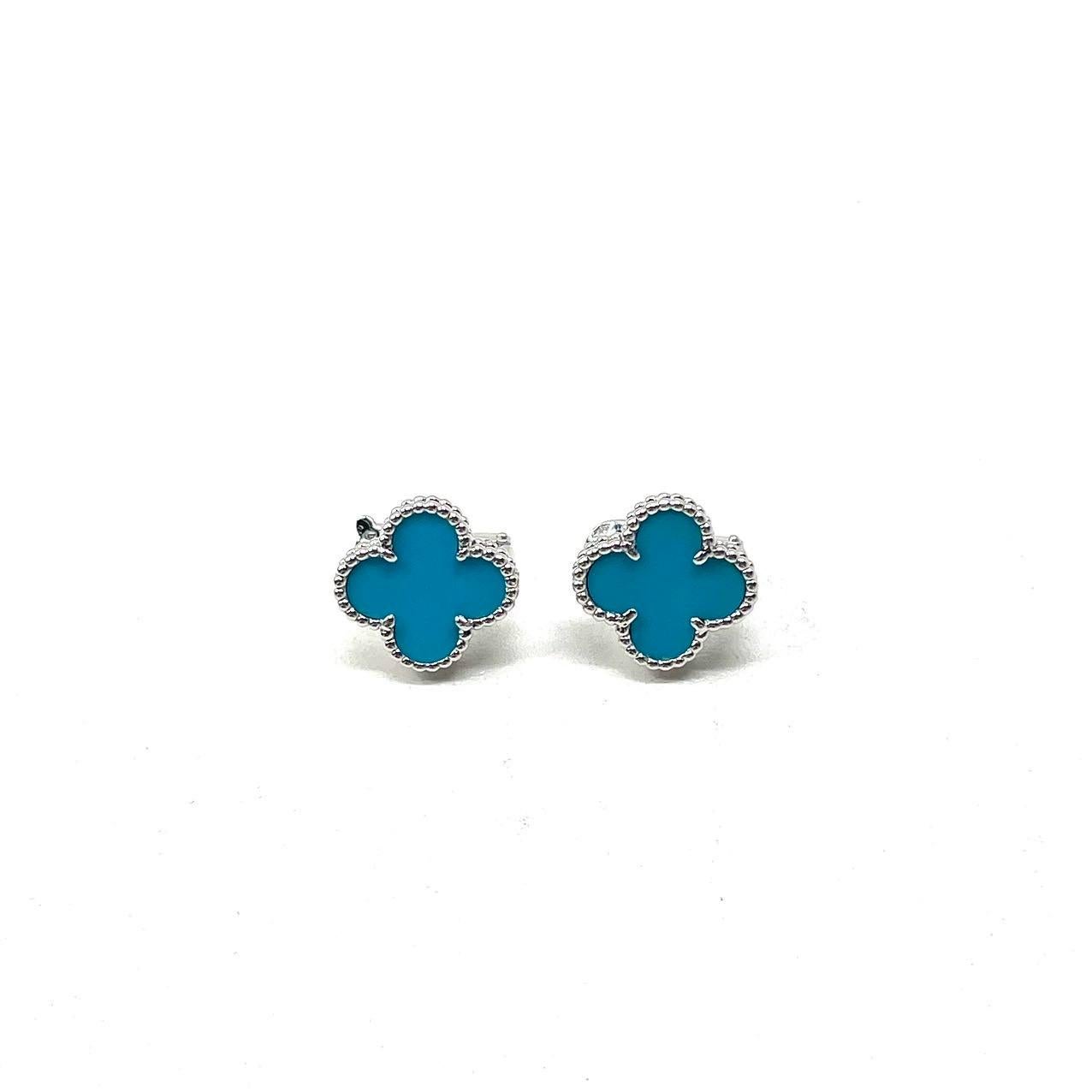 Van Cleef & Arpels Turquoise Vintage Alhambra Earrings, White Gold For Sale 6