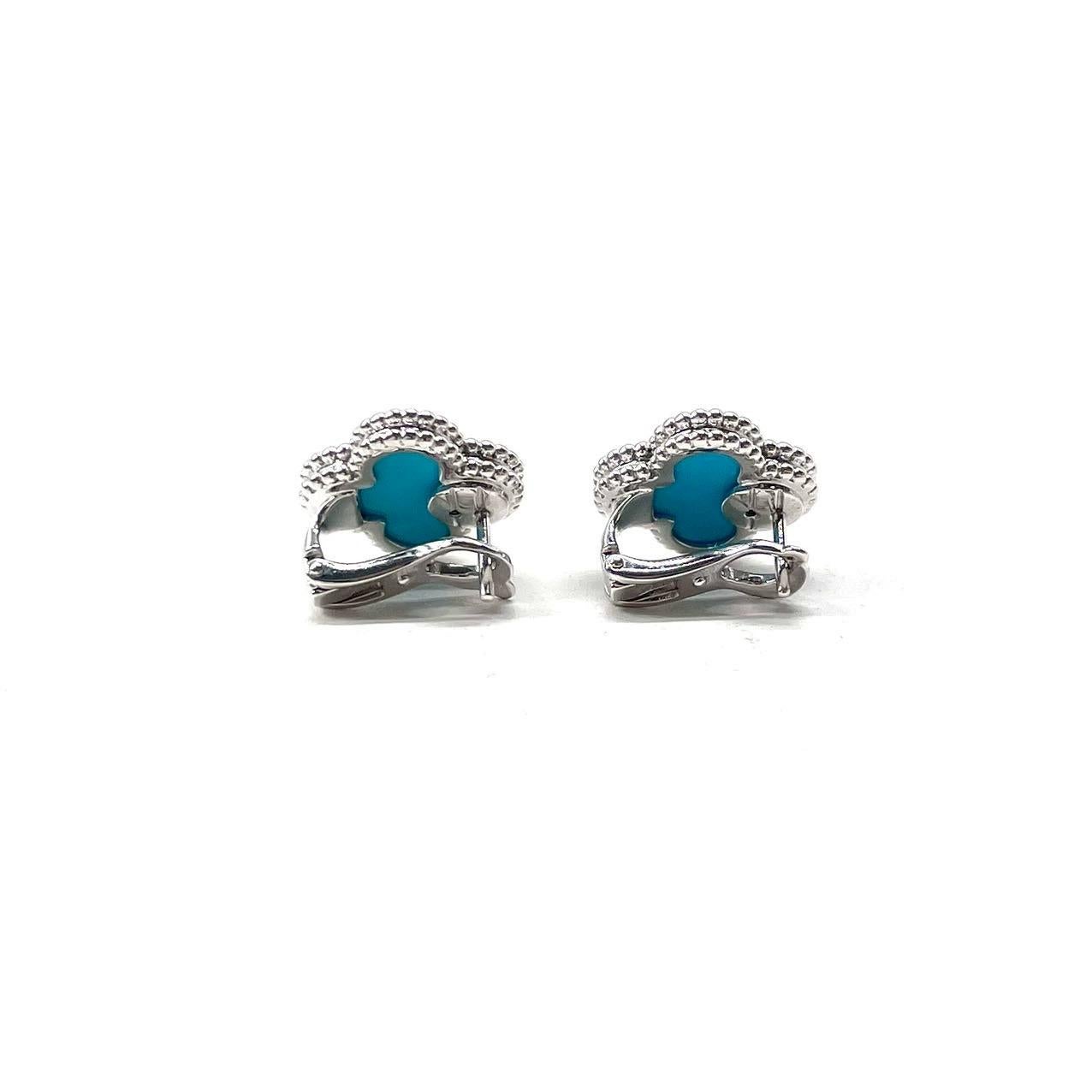 Van Cleef & Arpels Turquoise Vintage Alhambra Earrings, White Gold For Sale 10