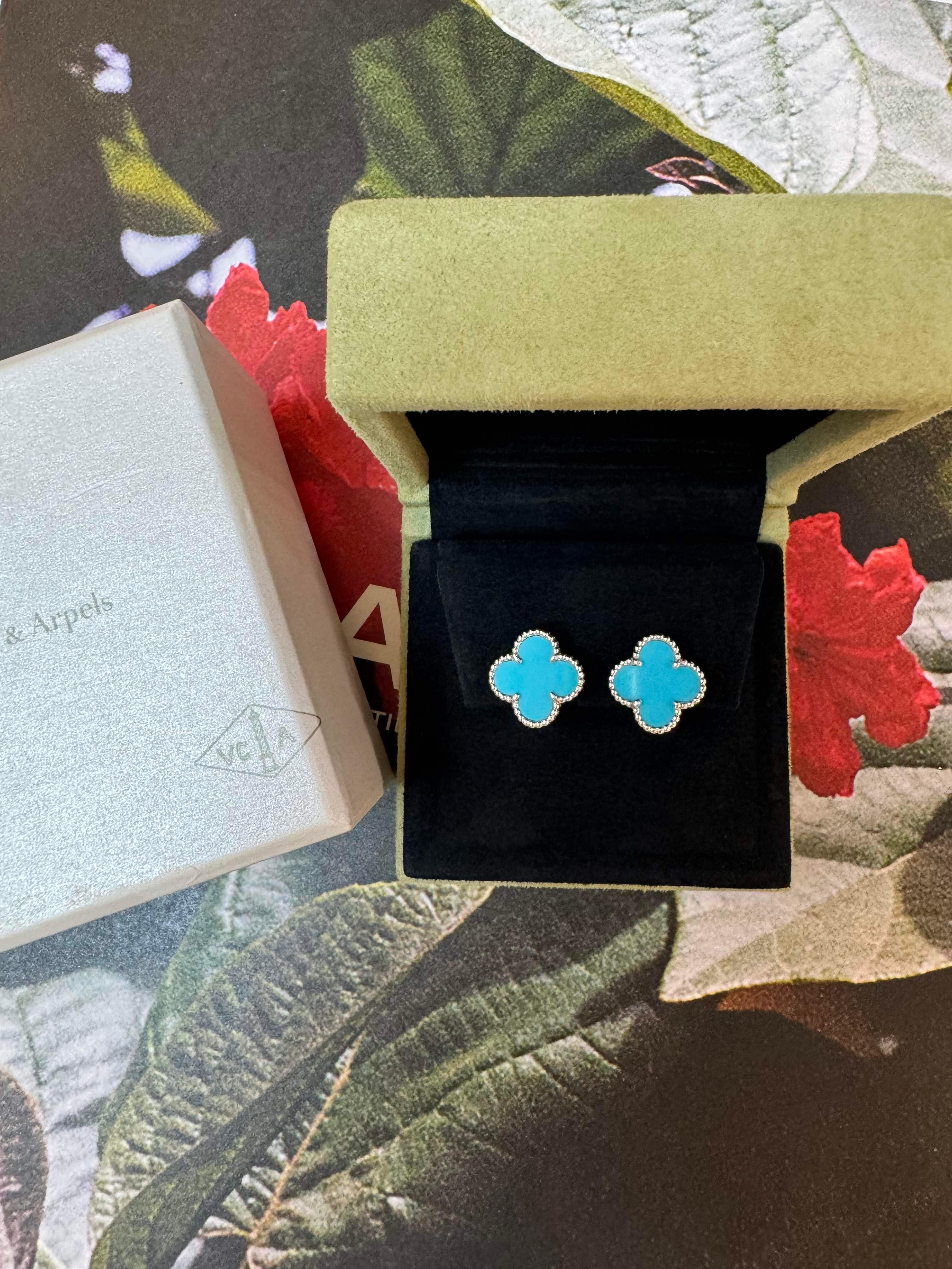 Van Cleef & Arpels Turquoise Vintage Alhambra Earrings, White Gold For Sale 11