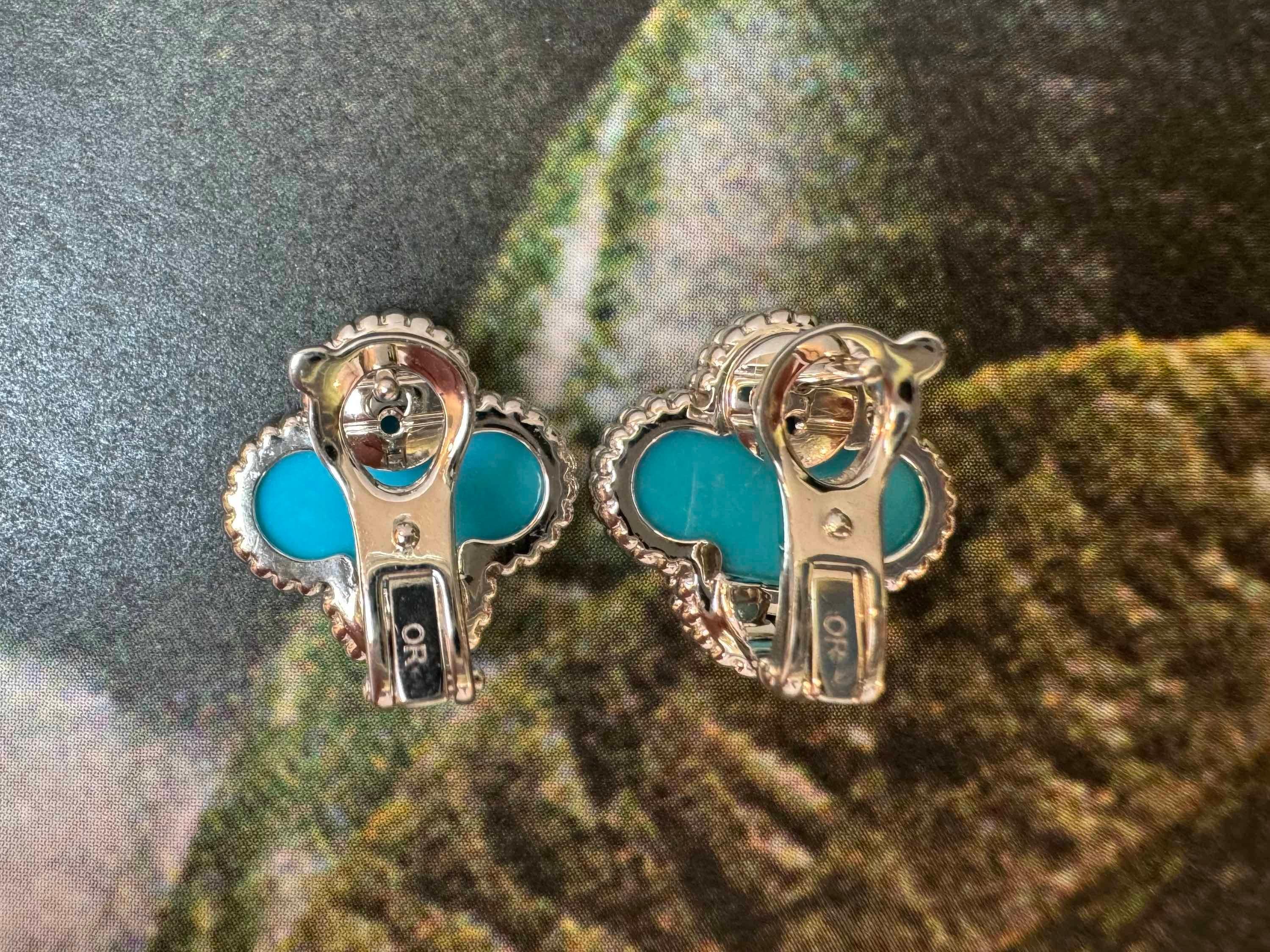 Van Cleef & Arpels Turquoise Vintage Alhambra Earrings, White Gold For Sale 13