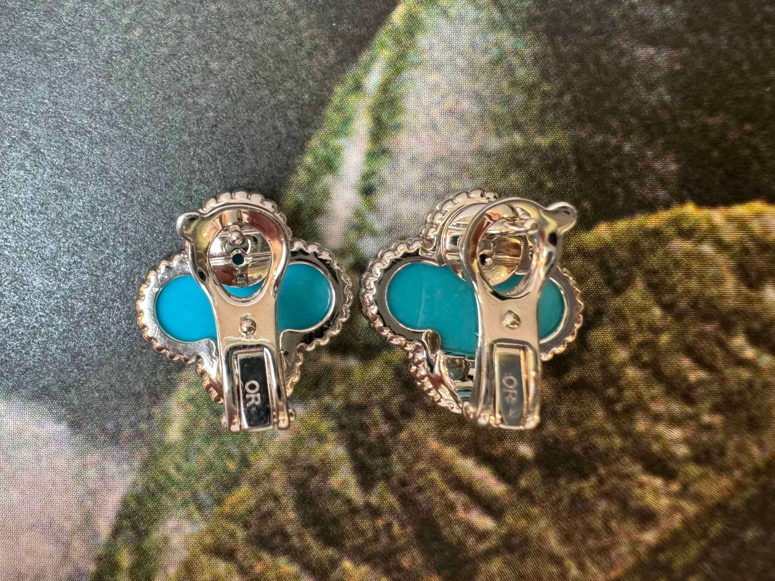 Van Cleef & Arpels Turquoise Vintage Alhambra Earrings, White Gold 10