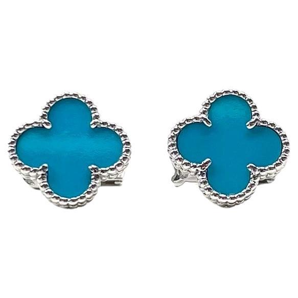 Van Cleef & Arpels Turquoise Vintage Alhambra Earrings, White Gold For Sale