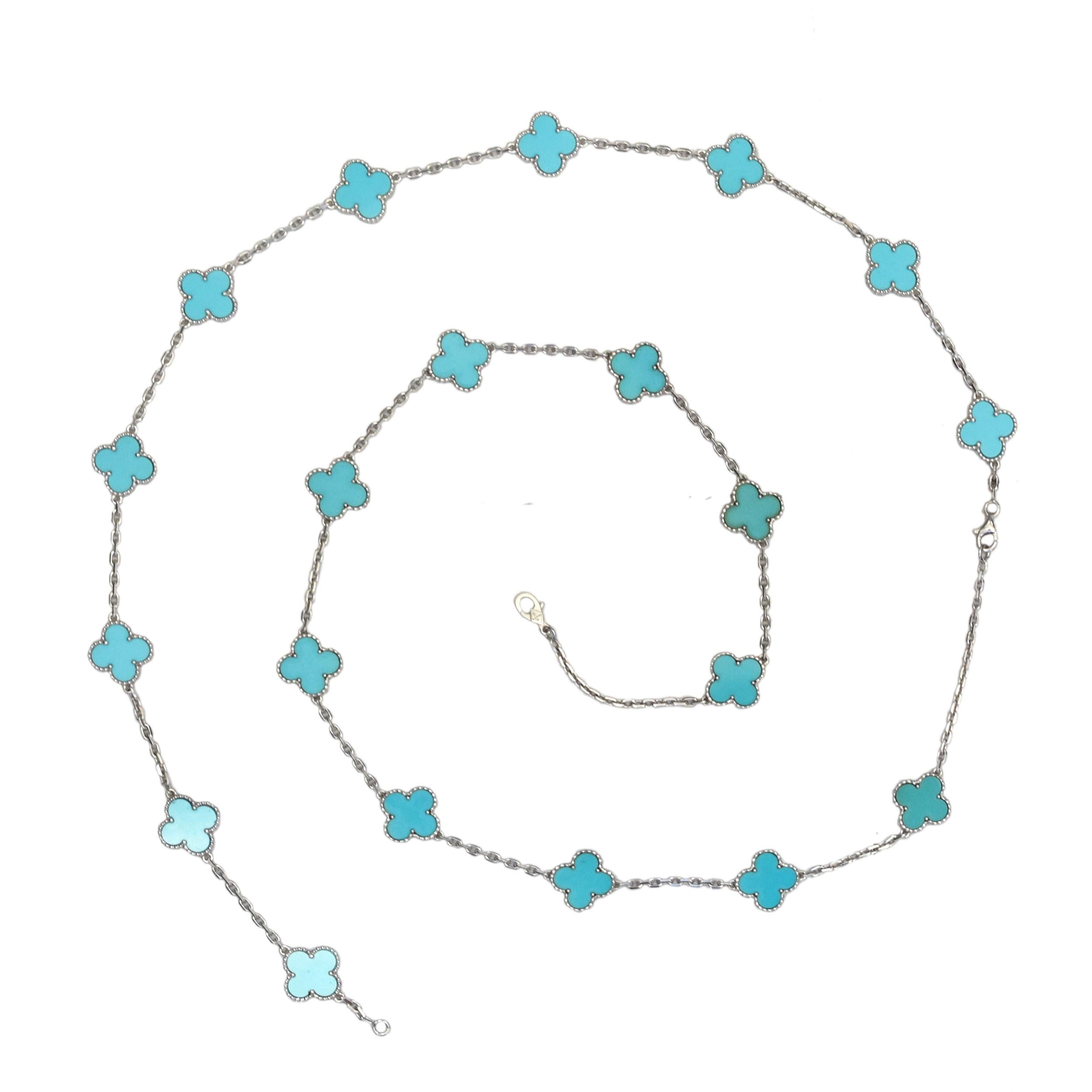 Van Cleef & Arpels Two Turquoise 'Vintage Alhambra' Necklaces. This pair of necklaces each has ten motifs, turquoise plaques, all set in 18k  white gold along with the chain (French marks), each signed VCA, one with maker's mark, each numbered. 
Can