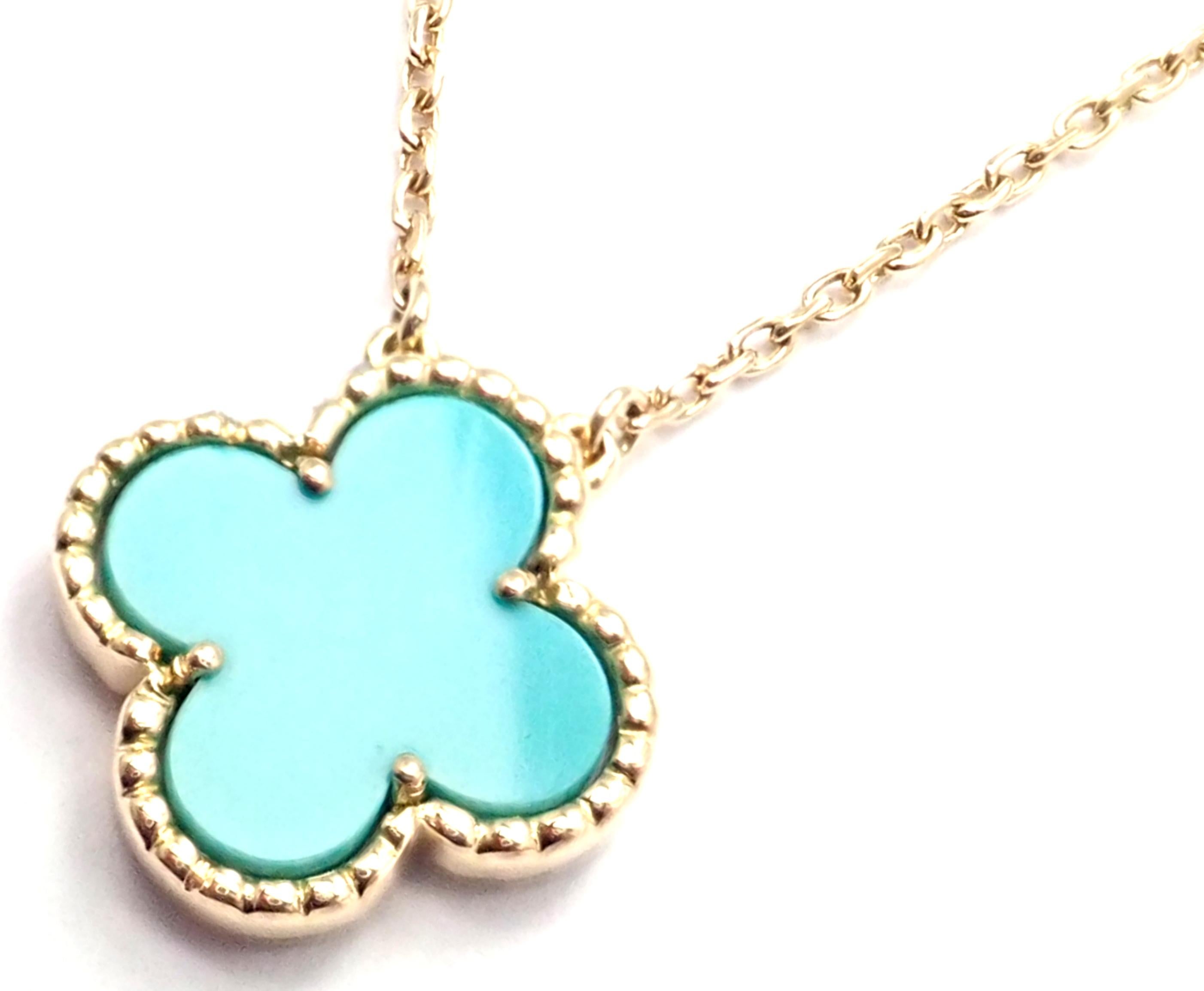 18k Yellow Gold Vintage Alhambra Turquoise Pendant Necklace by Van Cleef & Arpels. 
With one 15mm motif of turquoise alhambra stone.
Details: 
Length: 20