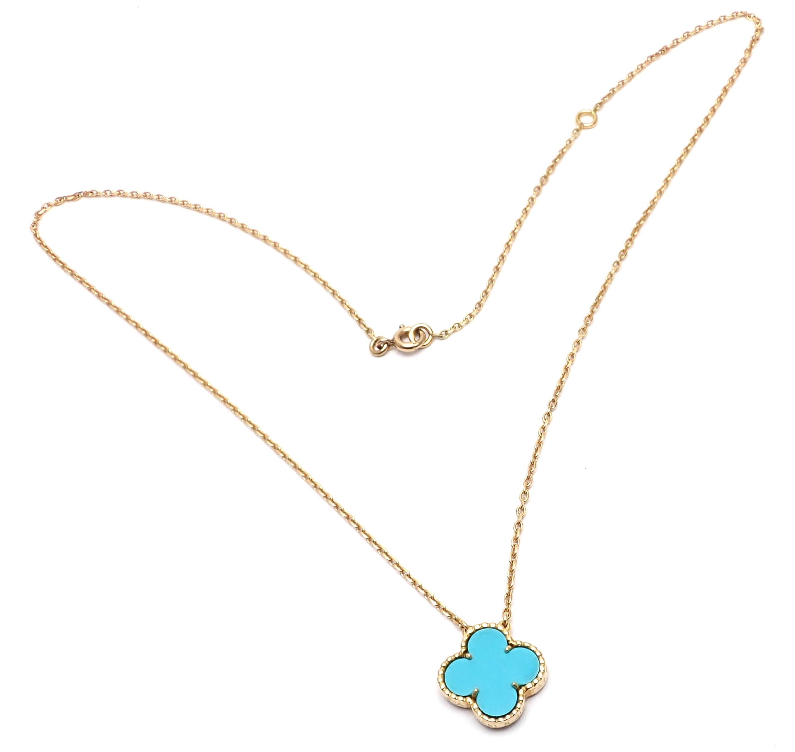 18k Yellow Gold Vintage Alhambra Turquoise Pendant Necklace by Van Cleef & Arpels. 
This necklace comes with VCA service paper from VCA stone and a box.
With one 15mm motif of turquoise alhambra stone.
Details: 
Length: 17