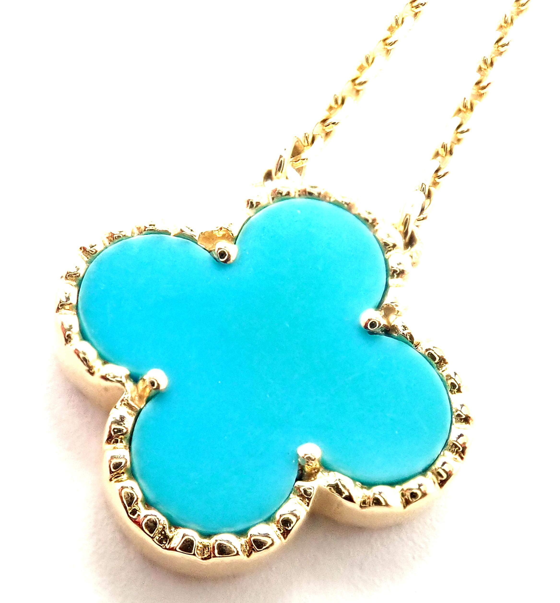 18k Yellow Gold Vintage Alhambra Turquoise Pendant Necklace by Van Cleef & Arpels. 
With one 15mm motif of turquoise alhambra stone.
This necklace comes with service paper from Van Cleef & Arpels store.
Details: 
Length: 17