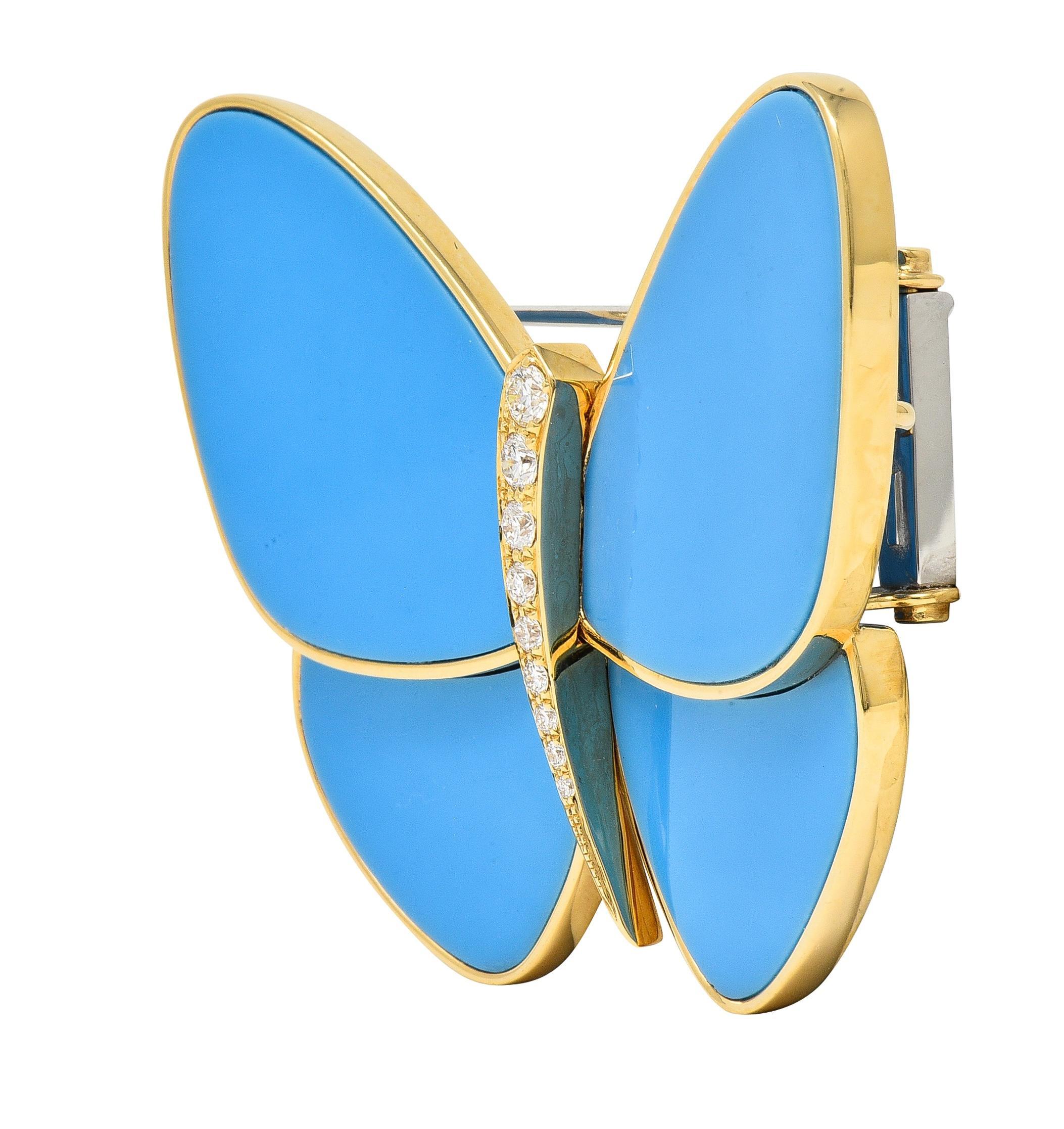 Designed a stylized butterfly featuring inlaid turquoise wings 
Opaque strong robin's egg blue in color
Centering round brilliant cut diamonds 
Bead set in body and graduating in size
Weighing approximately 0.38 carat total
G/H color with VS