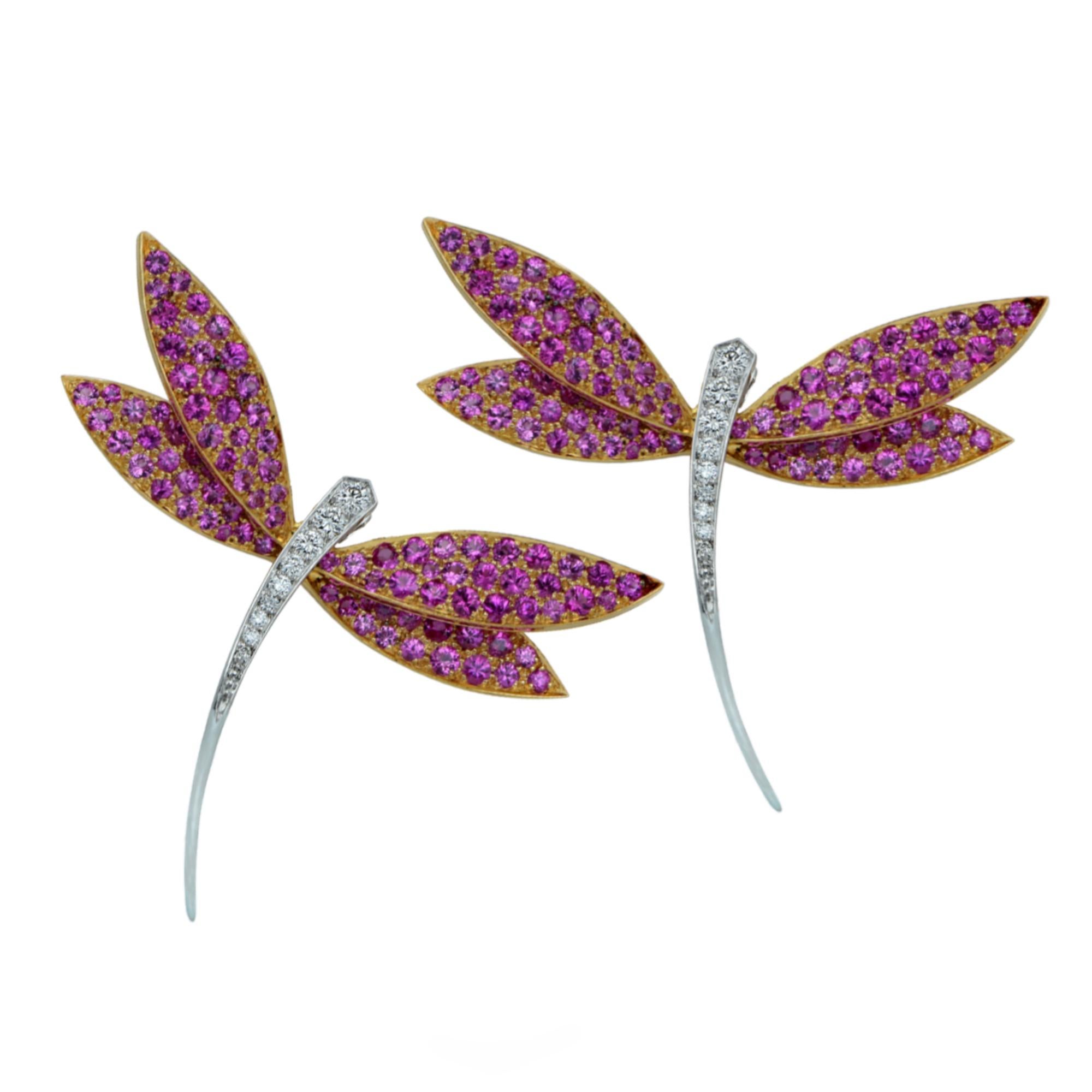 Two enchanting Van Cleef & Arpels Dragonfly Brooch Pins perfectly matched, crafted in 18 Karat white gold and 18 Karat Rose gold, with bodies showcasing 18 round brilliant cut diamonds weighing approximately 0.44 carats total, and wings encrusted