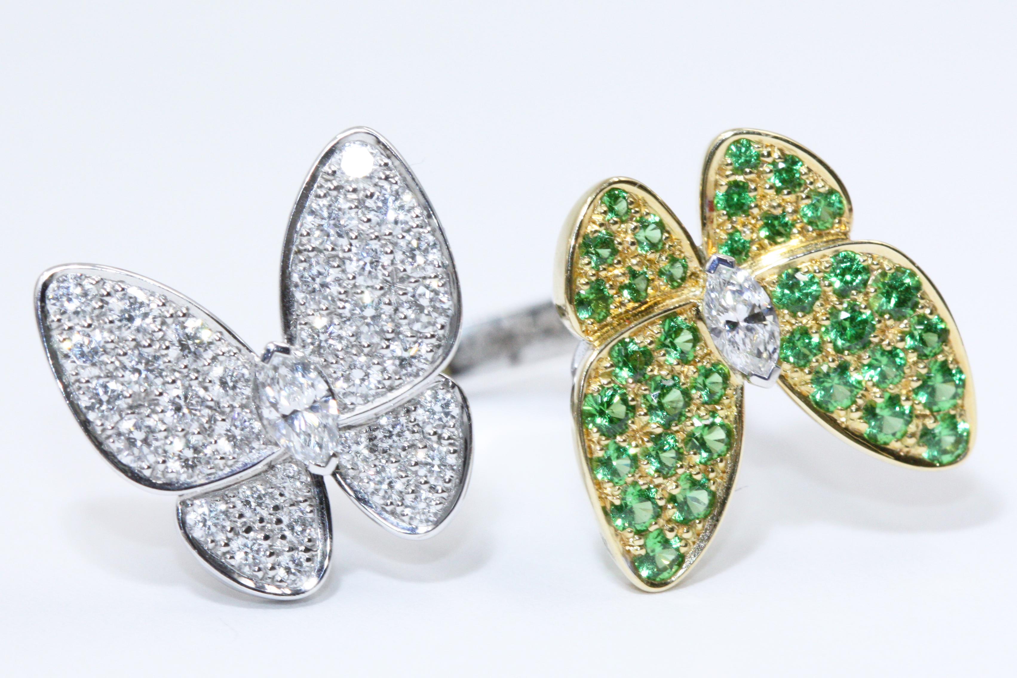 
What is more beautiful than looking at a butterfly on a flower?
This is what the famous brand Van Cleef & Arpels wants to show the world, nature is beautiful.
This ring of yellow and white gold, with white and green diamonds, represents the beauty