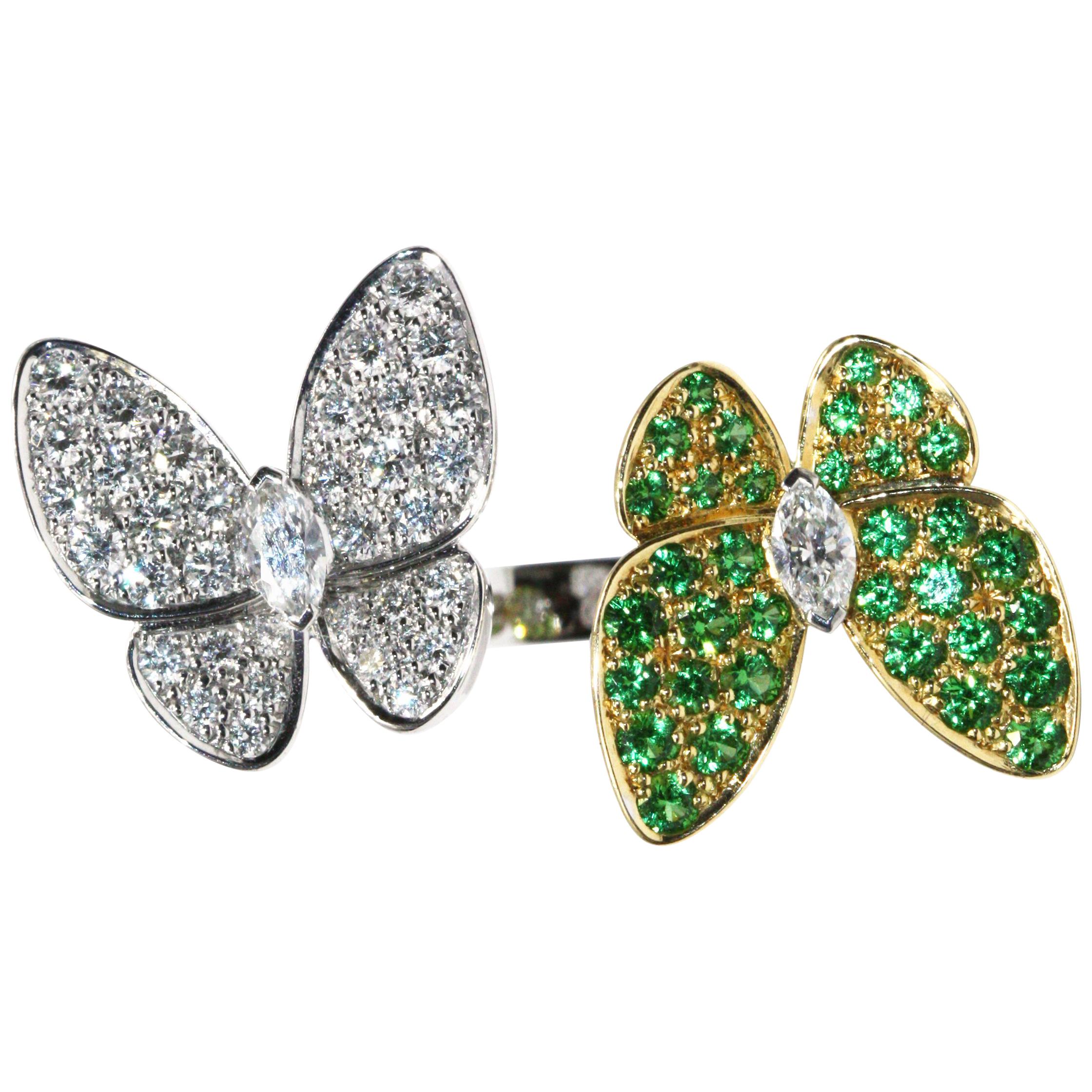 Van Cleef & Arpels Two Butterfly Between the Finger Ring, Tsavorite, Diamond For Sale