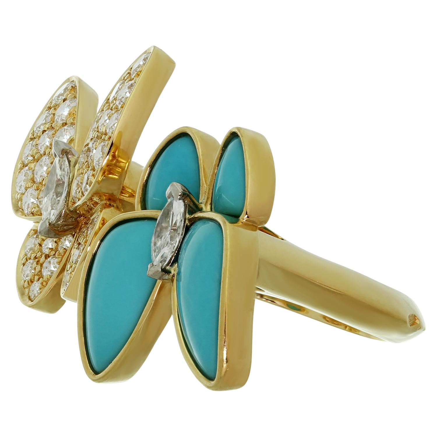 Brilliant Cut Van Cleef & Arpels Two Butterfly Between the Finger Turquoise Diamond Ring For Sale