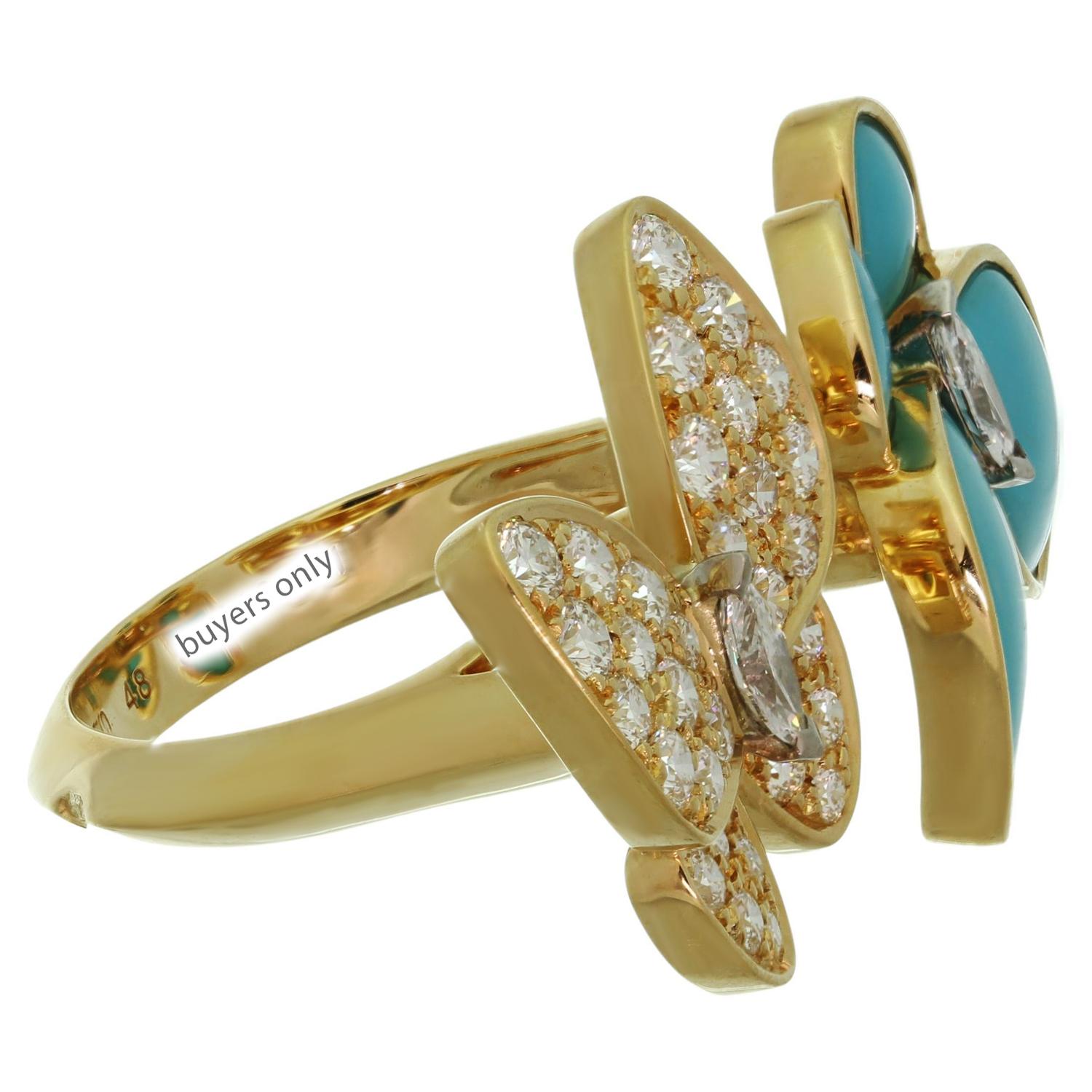 Van Cleef & Arpels Two Butterfly Between the Finger Turquoise Diamond Ring In Excellent Condition For Sale In New York, NY