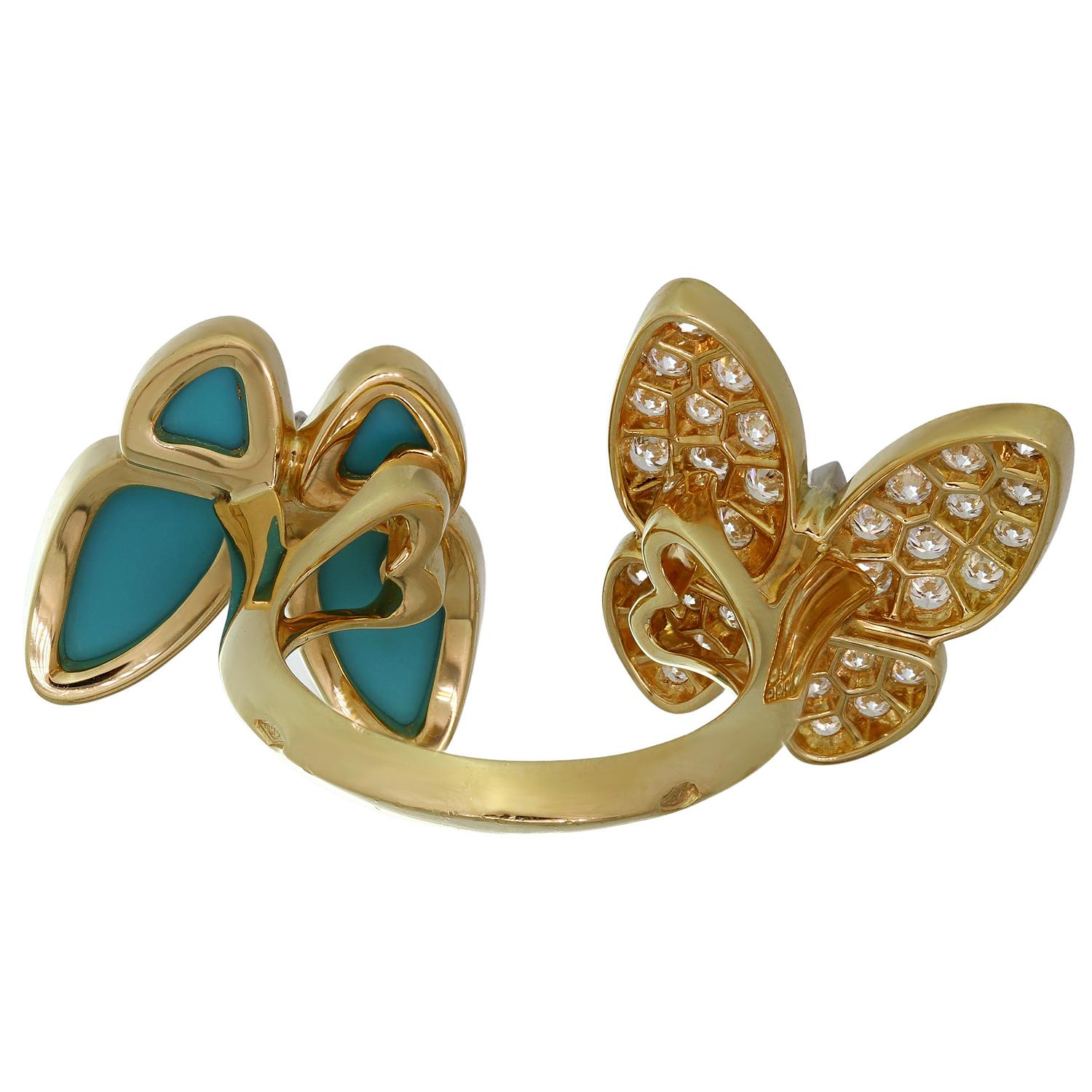 Women's Van Cleef & Arpels Two Butterfly Between the Finger Turquoise Diamond Ring For Sale