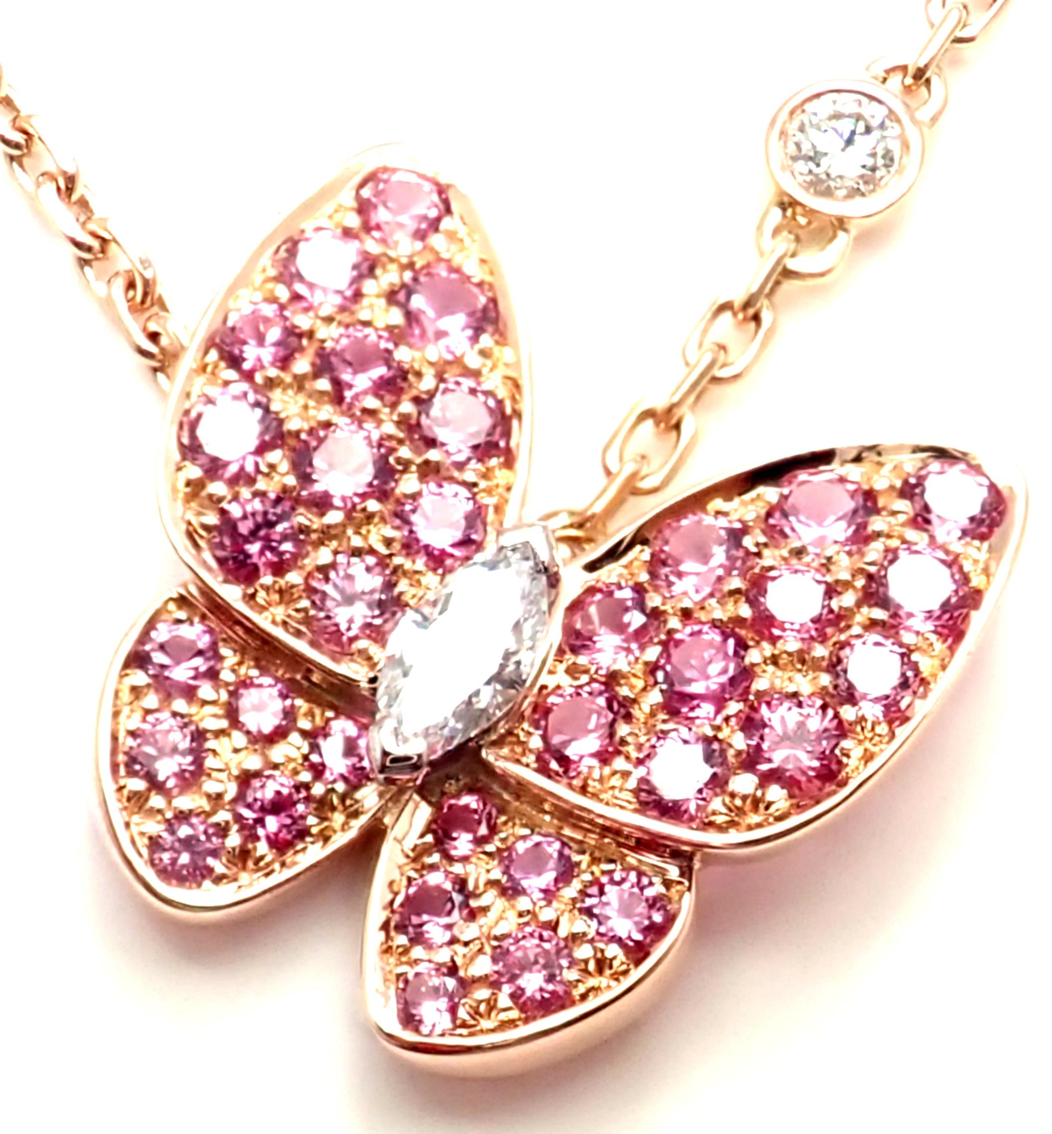 Van Cleef & Arpels Two Butterfly Diamond Pink Sapphire Gold Pendant Necklace 3