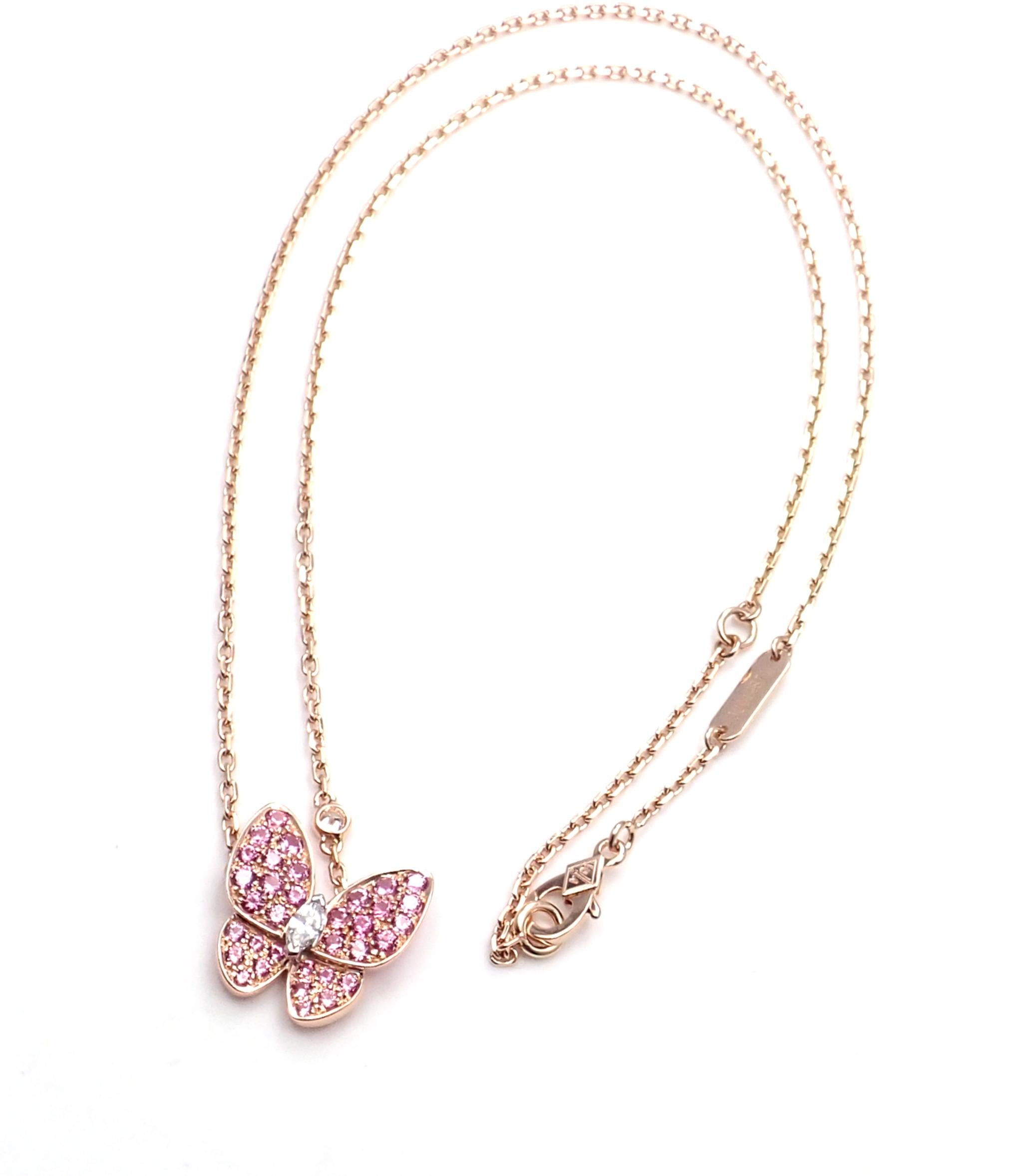 Van Cleef & Arpels Two Butterfly Diamond Pink Sapphire Gold Pendant Necklace In New Condition In Holland, PA