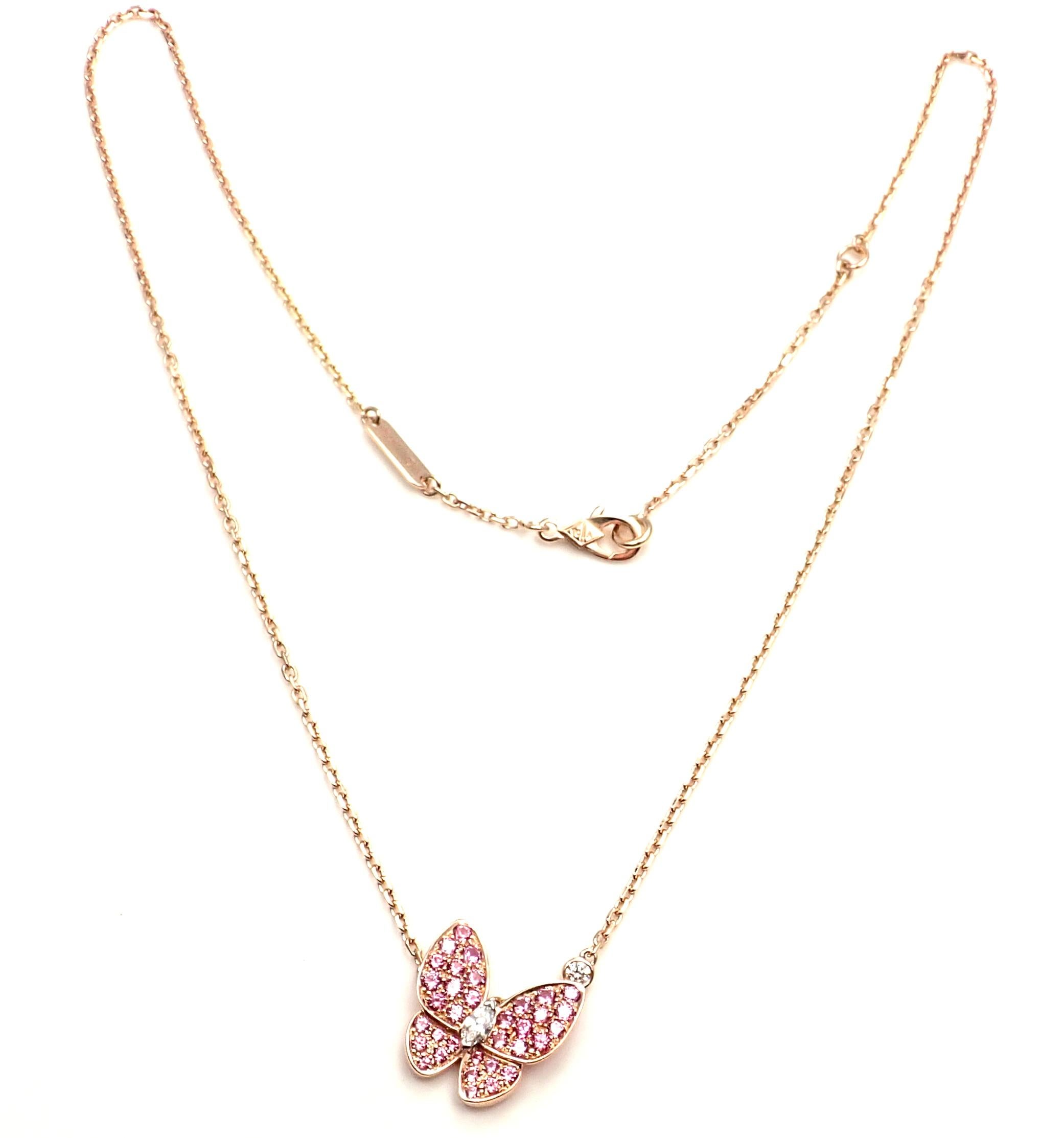 Van Cleef & Arpels Two Butterfly Diamond Pink Sapphire Gold Pendant Necklace 2