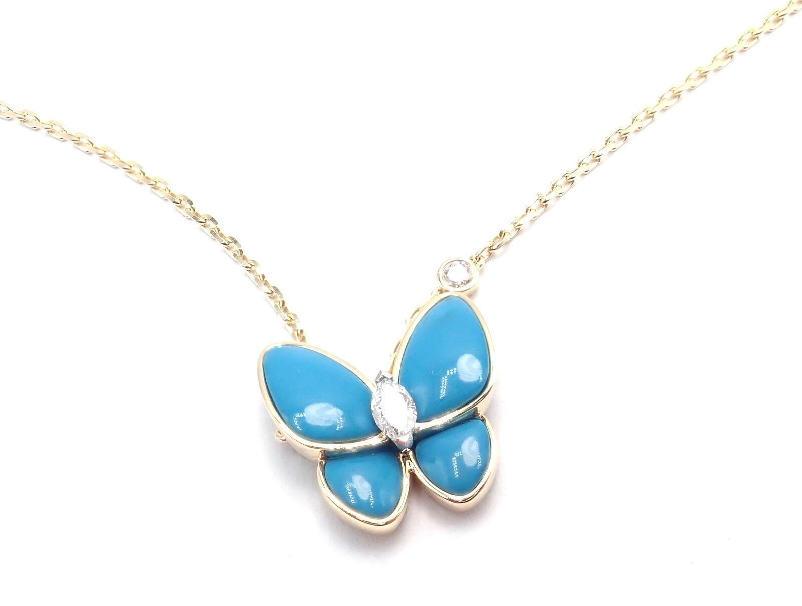 Brilliant Cut Van Cleef & Arpels Two Butterfly Diamond Turquoise Yellow Gold Pendant Necklace For Sale