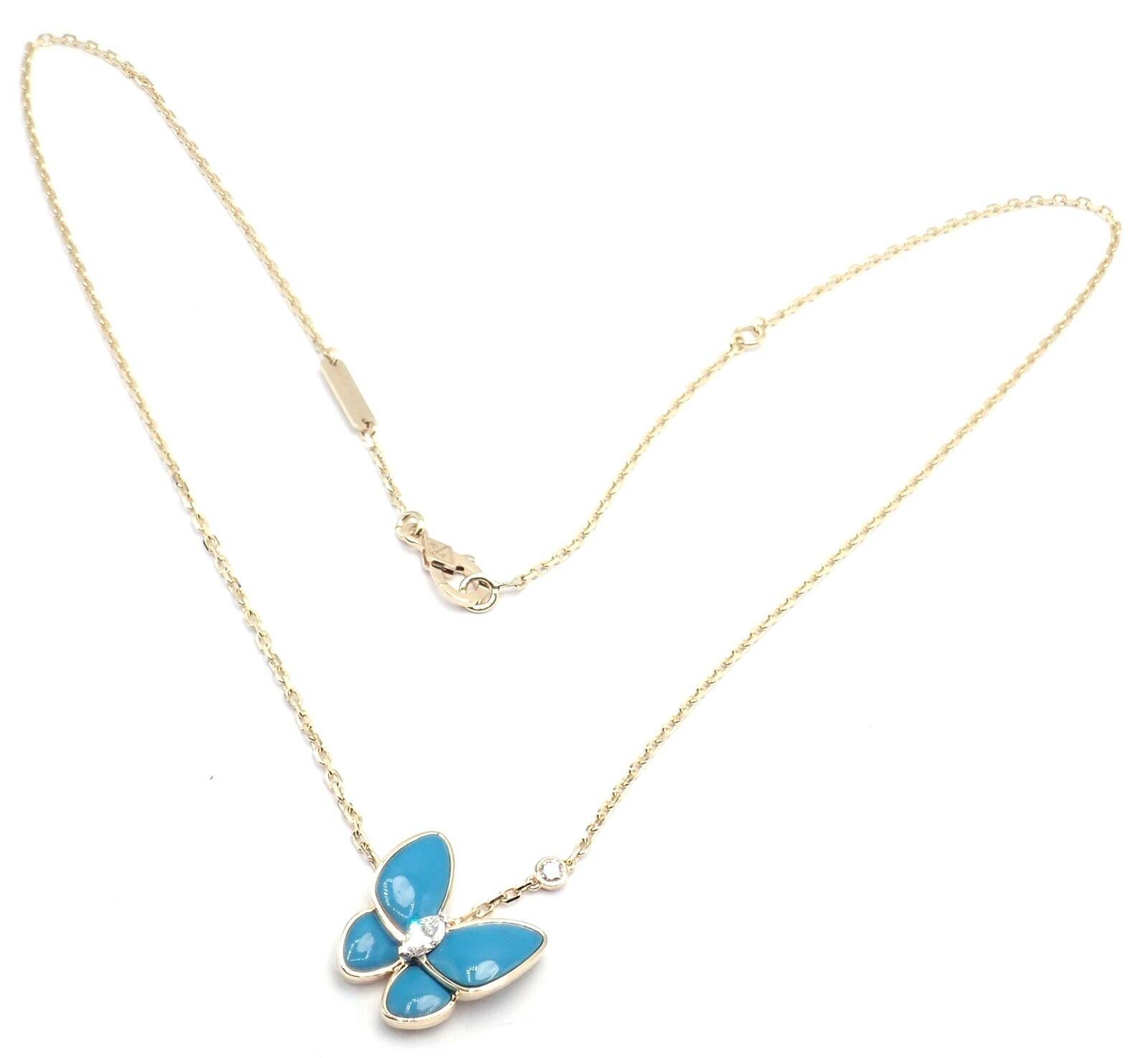Van Cleef & Arpels Two Butterfly Diamond Turquoise Yellow Gold Pendant Necklace In Excellent Condition For Sale In Holland, PA