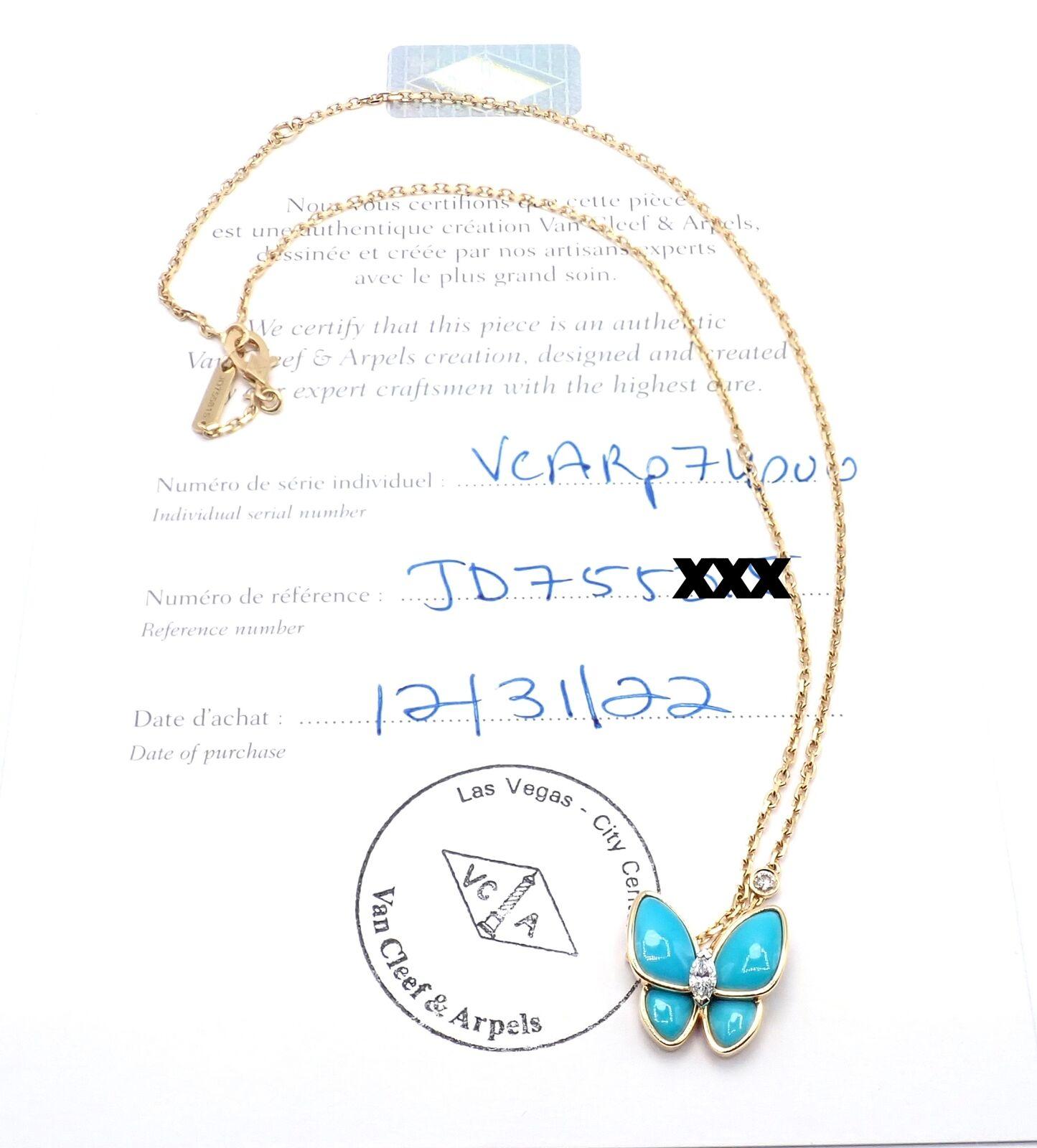 Women's or Men's Van Cleef & Arpels Two Butterfly Diamond Turquoise Yellow Gold Pendant Necklace For Sale