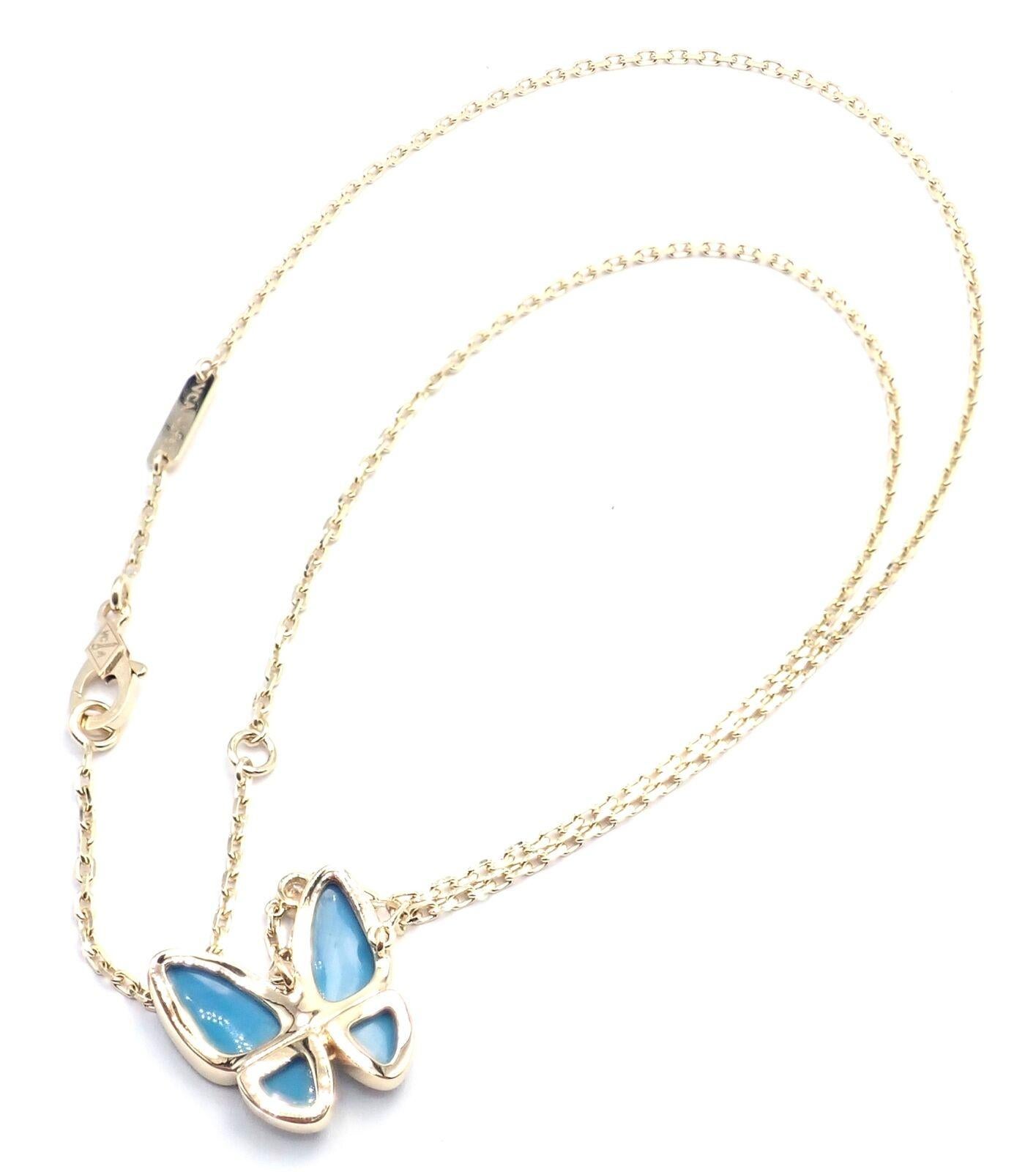 Van Cleef & Arpels Two Butterfly Diamond Turquoise Yellow Gold Pendant Necklace For Sale 1
