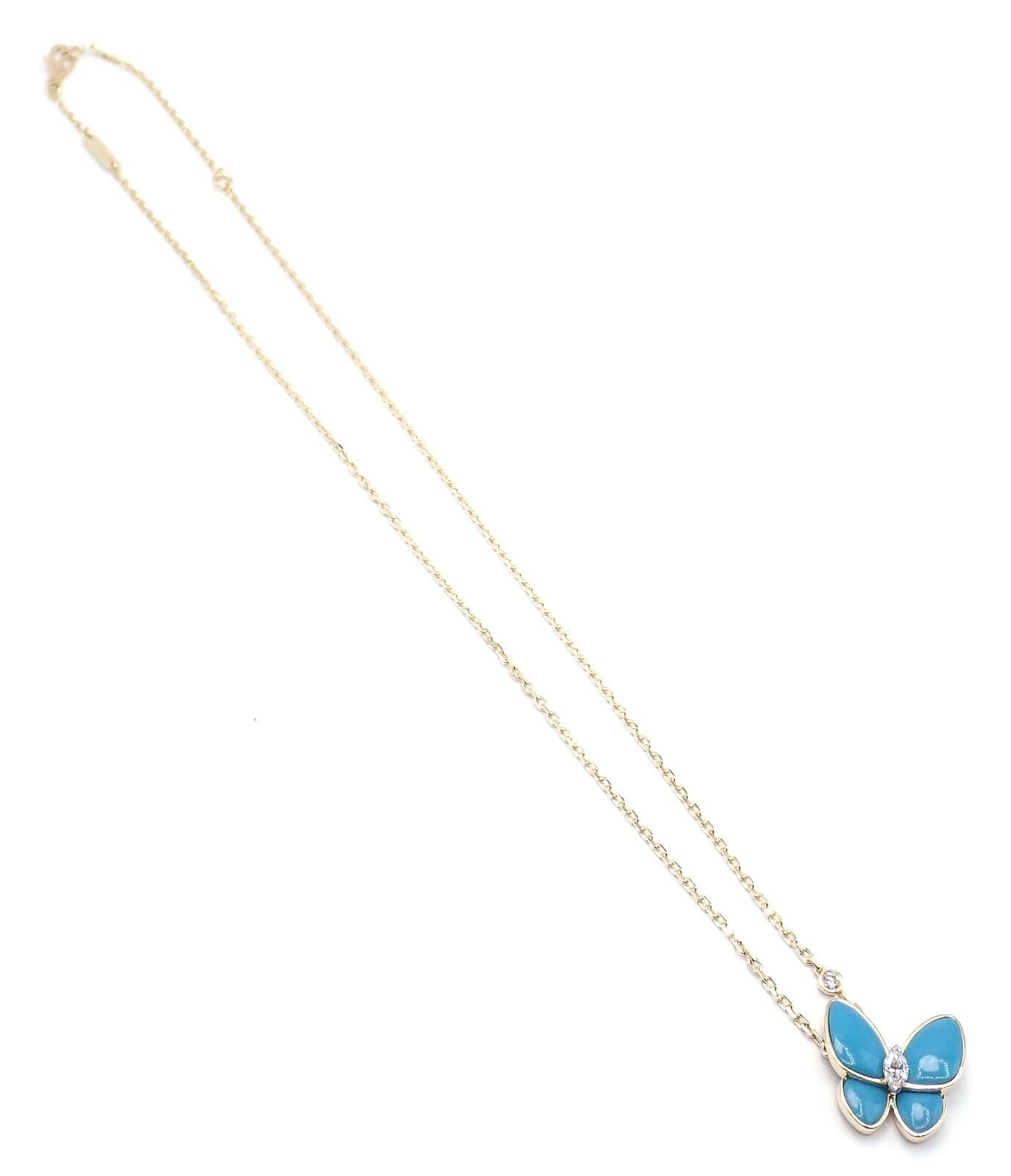 Van Cleef & Arpels Two Butterfly Diamond Turquoise Yellow Gold Pendant Necklace For Sale 2