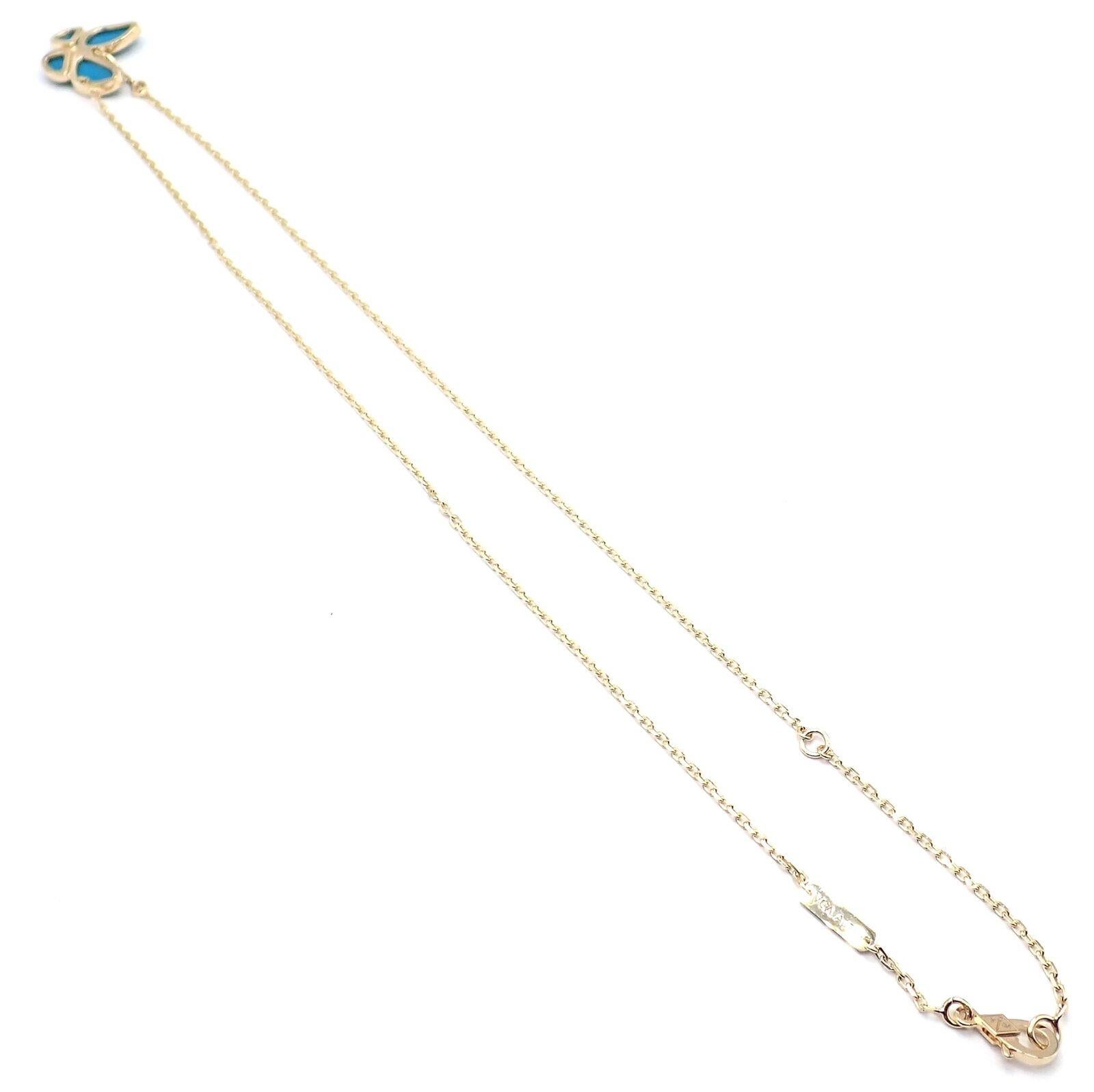Van Cleef & Arpels Two Butterfly Diamond Turquoise Yellow Gold Pendant Necklace For Sale 3