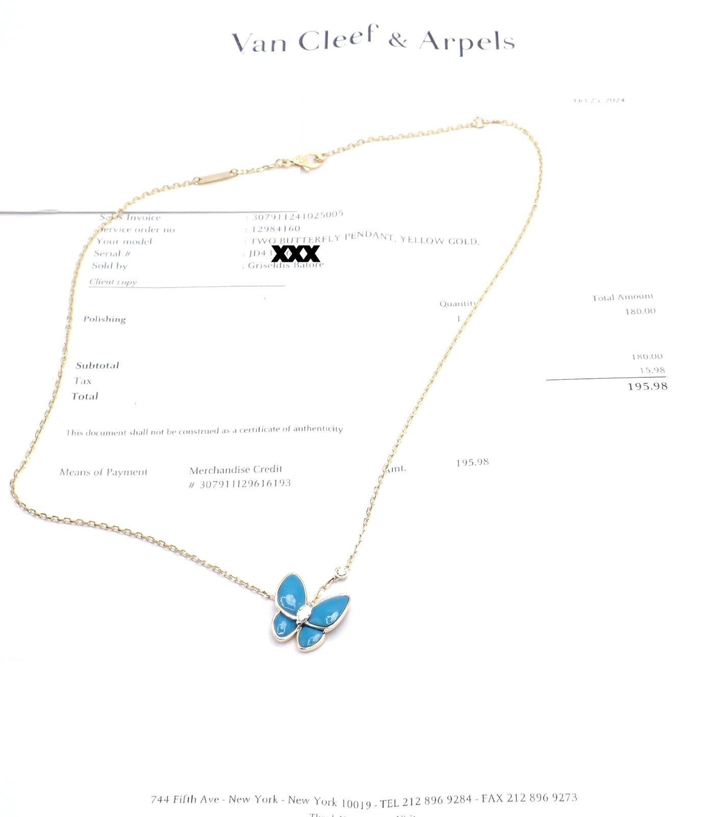Van Cleef & Arpels Two Butterfly Diamond Turquoise Yellow Gold Pendant Necklace For Sale 4