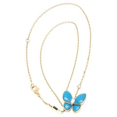 Van Cleef & Arpels Two Butterfly Diamond Turquoise Yellow Gold Pendant Necklace