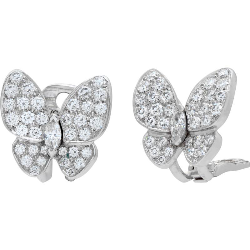Van Cleef & Arpels Two Butterfly earrings, rhodium plated 18K white gold, round and marquise-cut diamonds; diamond quality DEF, IF to VVS. Diamond: 70 stones, 1.67 carats. Complete with VCA appraisal & box/pouch. Engraved Number BL155509 -