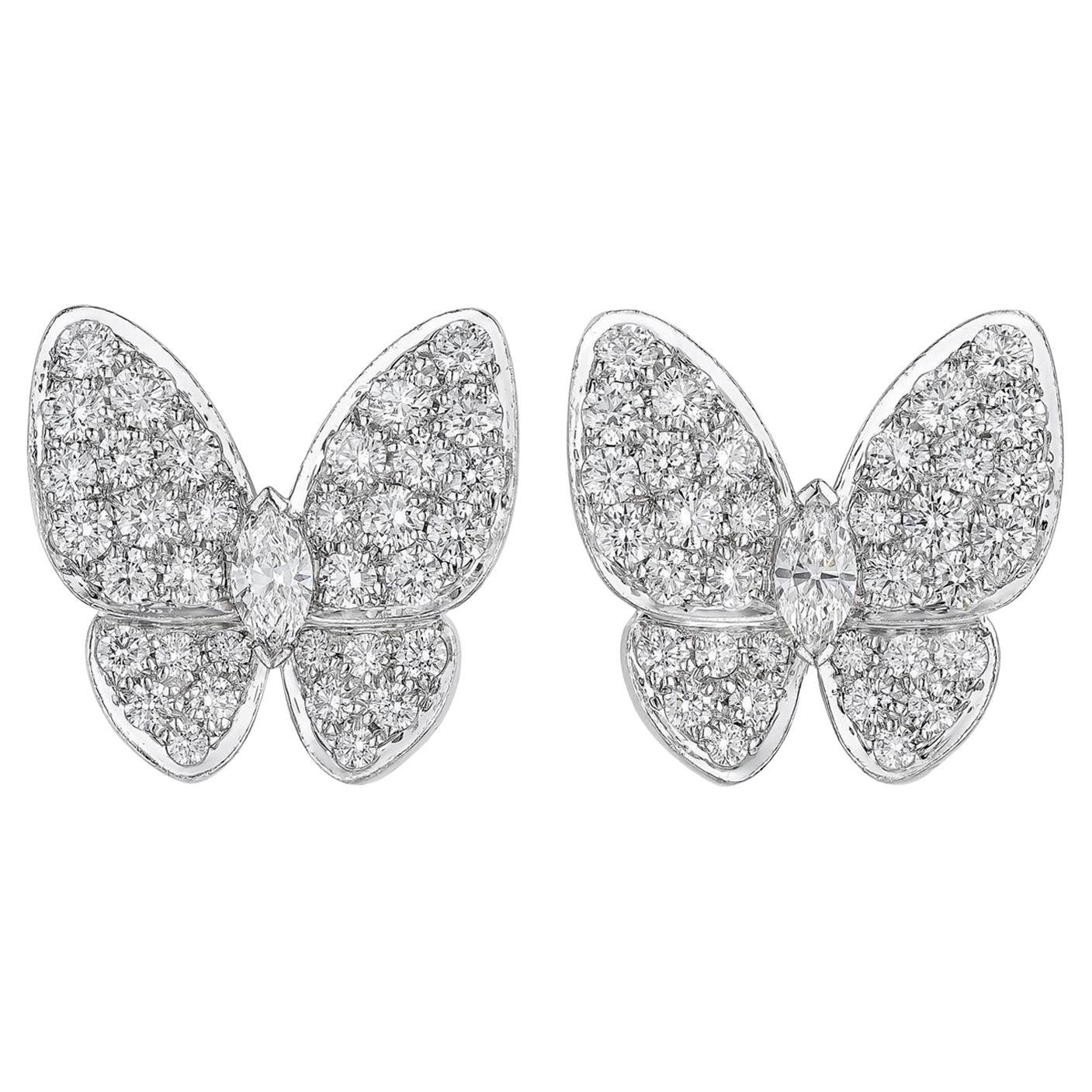 Van Cleef & Arpels Two Butterfly Earrings in 18K Gold Round Marquise-Cut Diamond