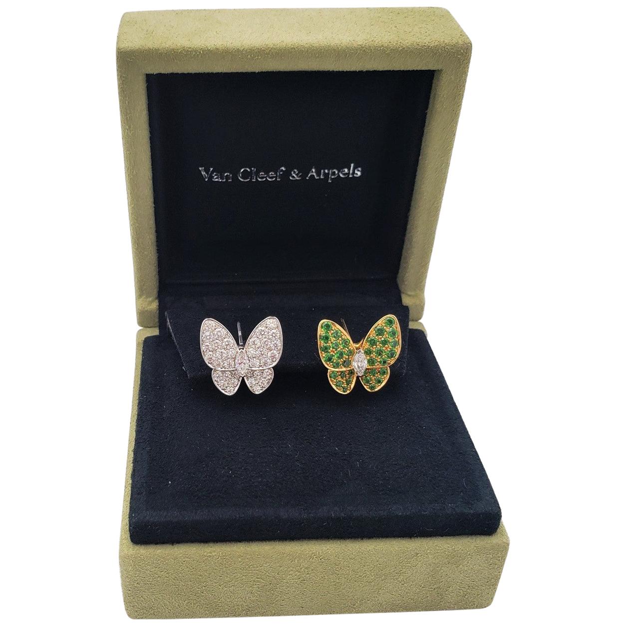 Van Cleef & Arpels Two Butterfly Gold Diamond and Tsavorite Earrings