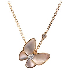 Van Cleef & Arpels Two Butterfly Pendant Necklace 18k Rose Gold with Mother