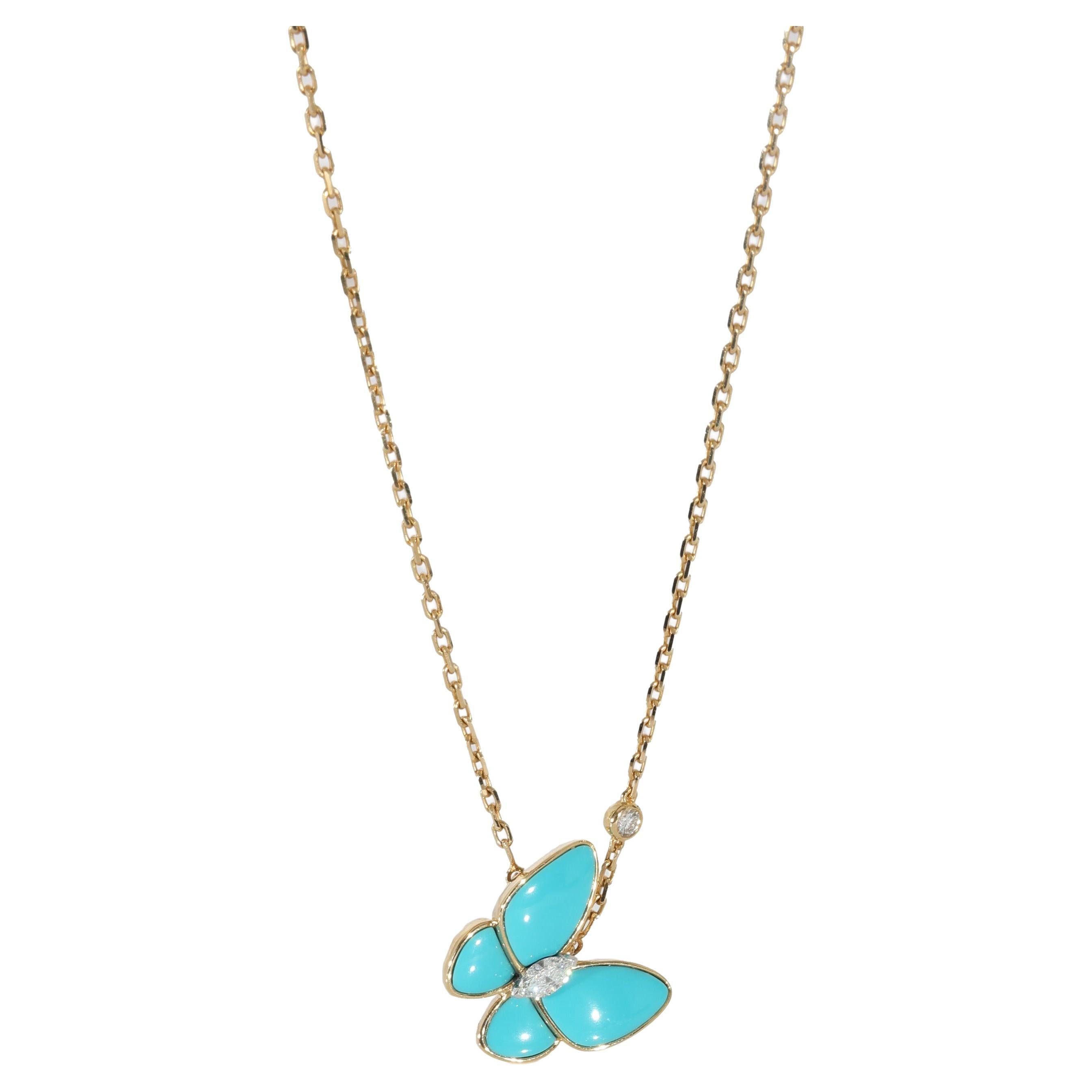 Van Cleef & Arpels Two Butterfly Pendant with Diamond & Turquoise 0.19ctw