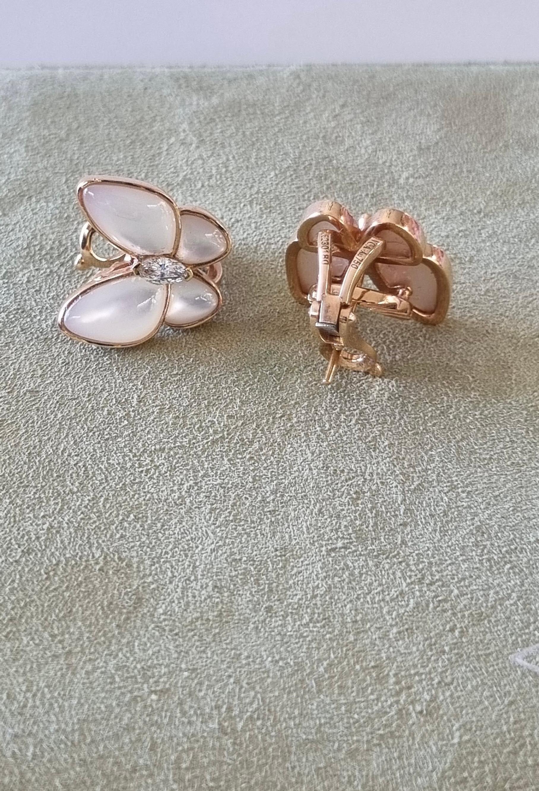 Contemporary Van Cleef & Arpels two Butterfly rose Gold mop and marquise Diamonds Earrings For Sale