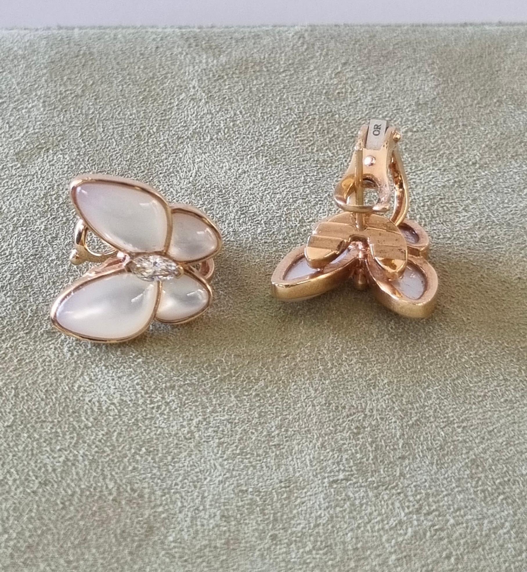 Van Cleef & Arpels two Butterfly rose Gold mop and marquise Diamonds Earrings In Excellent Condition For Sale In Bilbao, ES