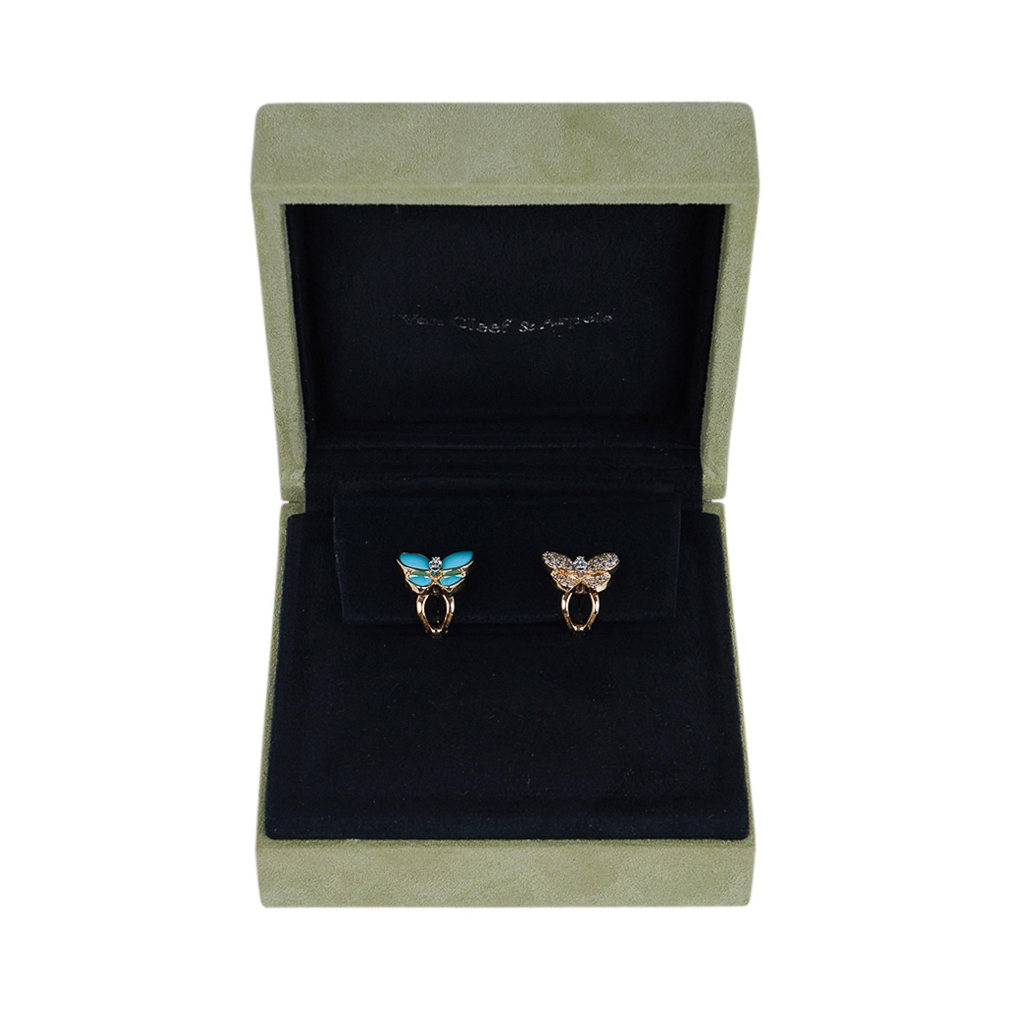 Van Cleef & Arpels Two Butterfly Turquoise and Diamond Gold Earrings For Sale 2