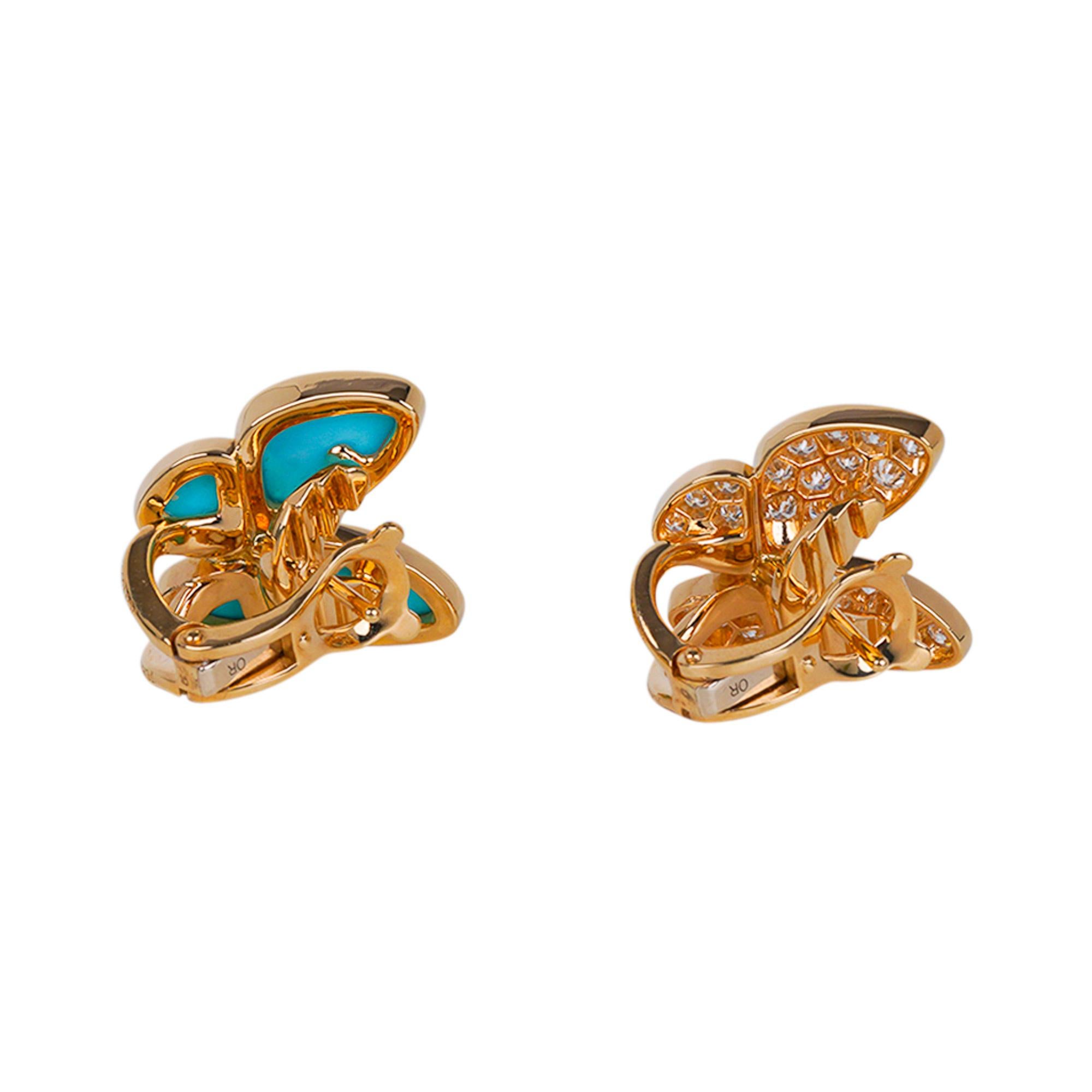 Van Cleef & Arpels Two Butterfly Turquoise and Diamond Gold Earrings For Sale 3