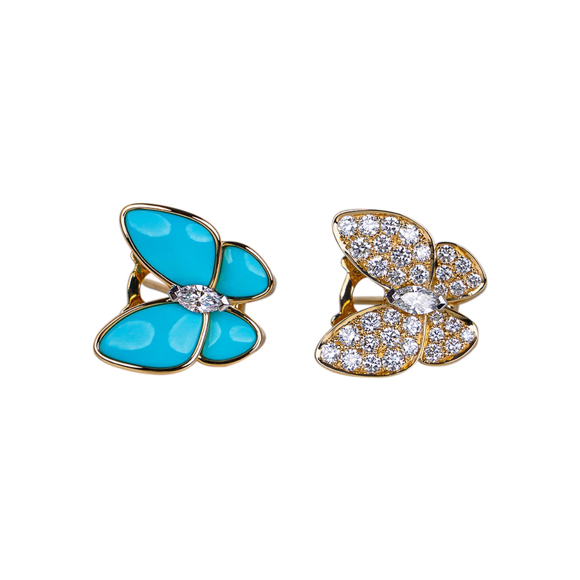 Marquise Cut Van Cleef & Arpels Two Butterfly Turquoise and Diamond Gold Earrings For Sale