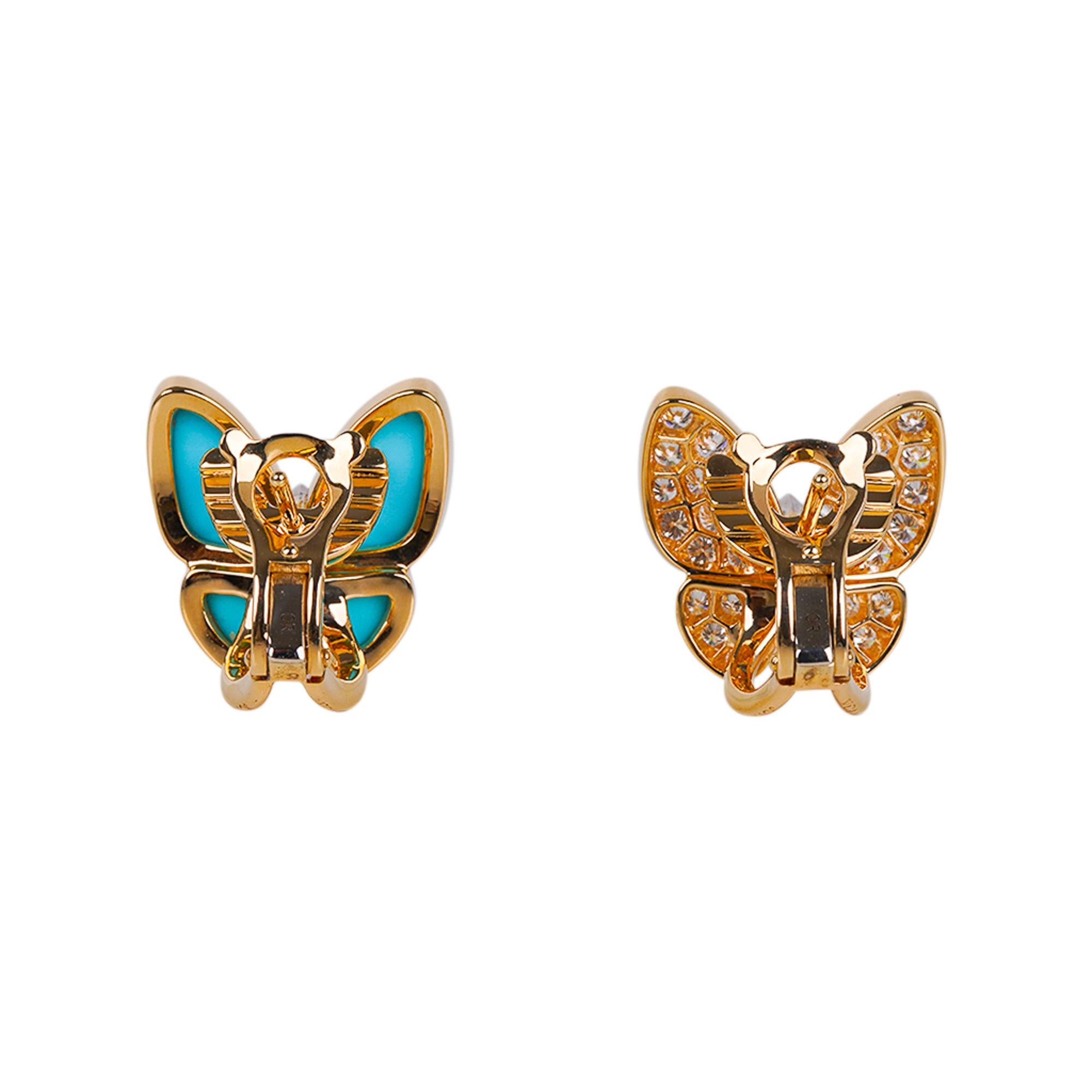 Women's Van Cleef & Arpels Two Butterfly Turquoise and Diamond Gold Earrings For Sale