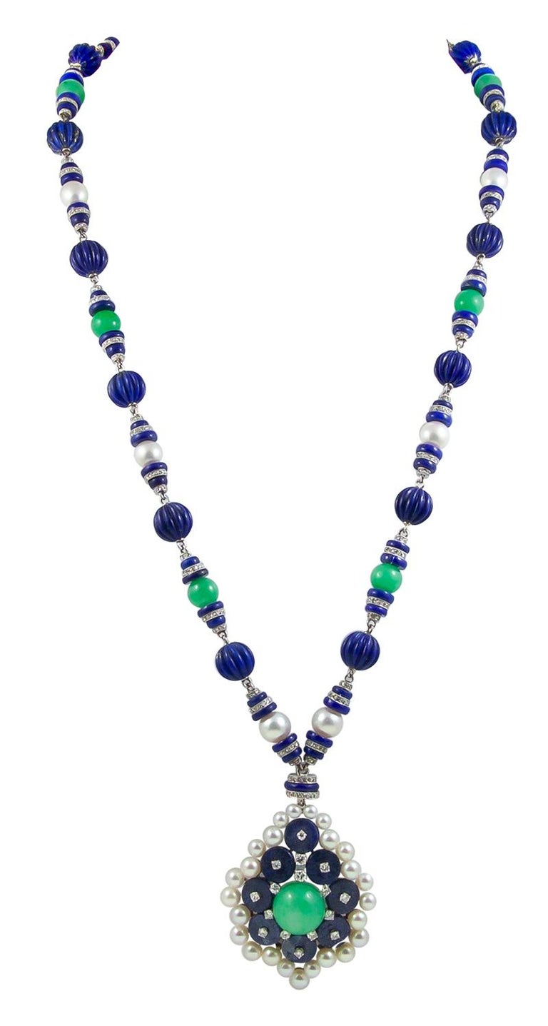 Van Cleef and Arpels TwoTone Jadeite Jade, Lapis Lazuli, Diamond Pearl