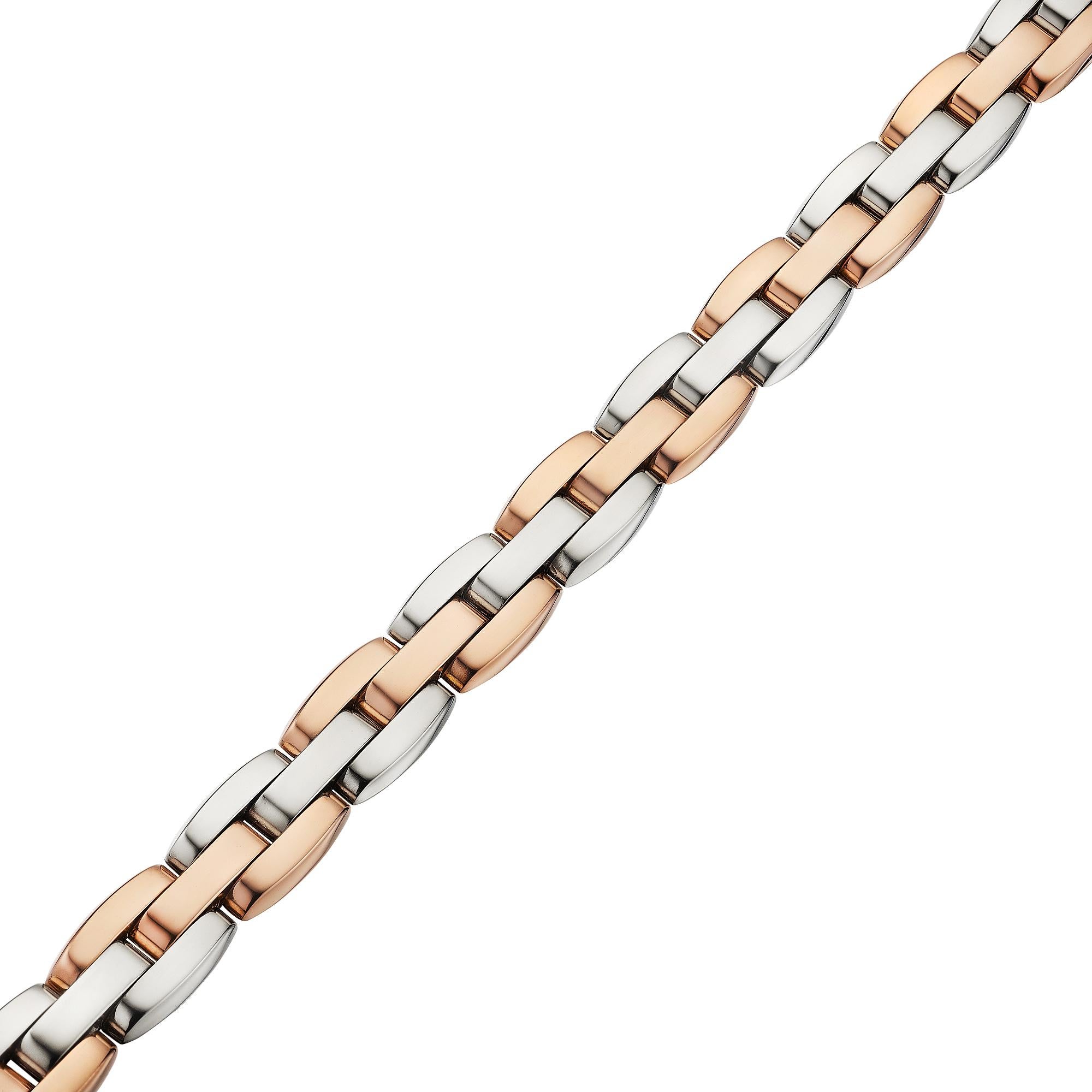 Buzz worthy.  Wear this Van Cleef & Arpels tone two 18 karat white and rose gold link bracelet and you will be the talk of the town.  Signed VCA.  7 1/4