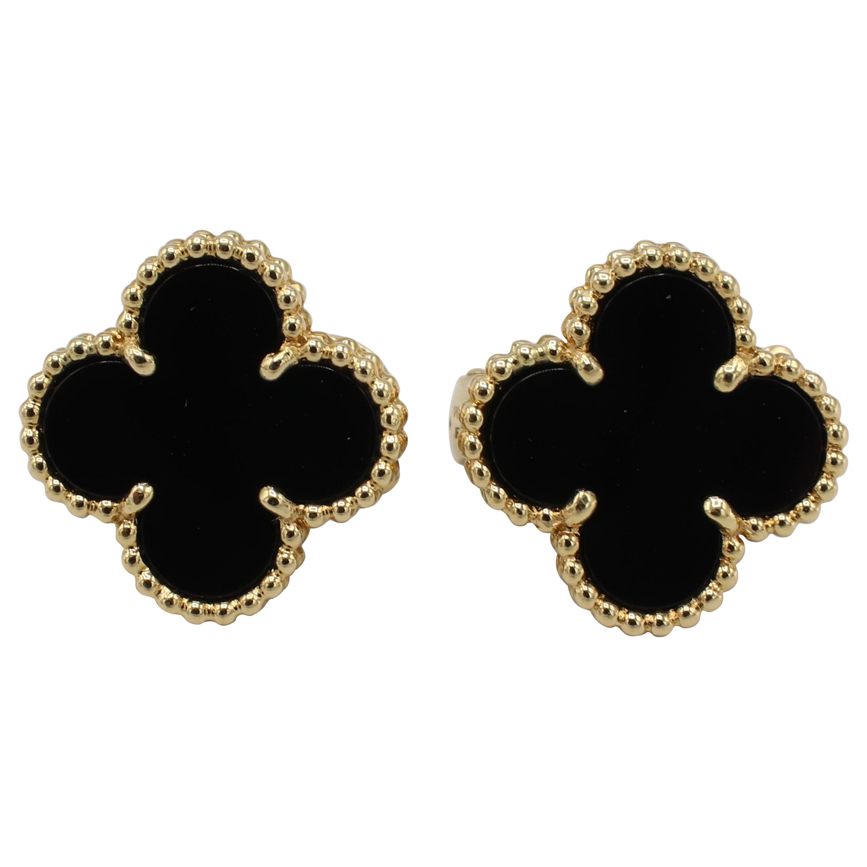 Van Cleef & Arpels VCA 18 Karat Vintage Alhambra Black Onyx Earrings