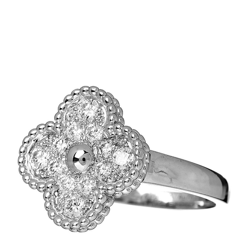 VAN CLEEF & ARPELS VCA 18K White Gold Diamond Vintage Alhambra Ring 52 6 In Excellent Condition For Sale In West Chester, PA
