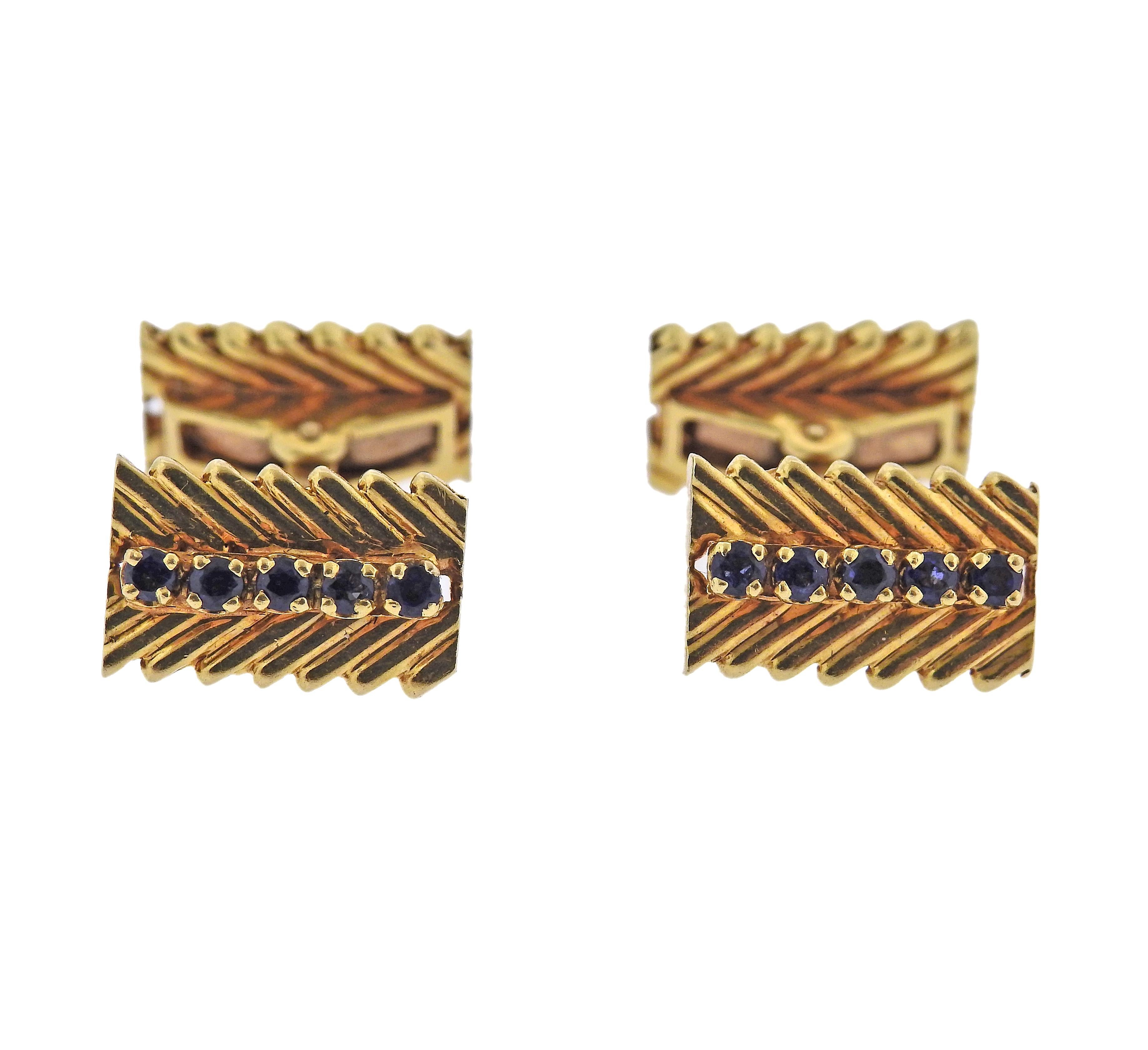 Pair of 1960s 18k gold cufflinks by Van Cleef & Aprles, with blue sapphires. Each top is 15mm x 10mm. Marked: Van Cleef & Arpels, NY, 12 V 25.16, 18k. Weight - 16.8 grams.