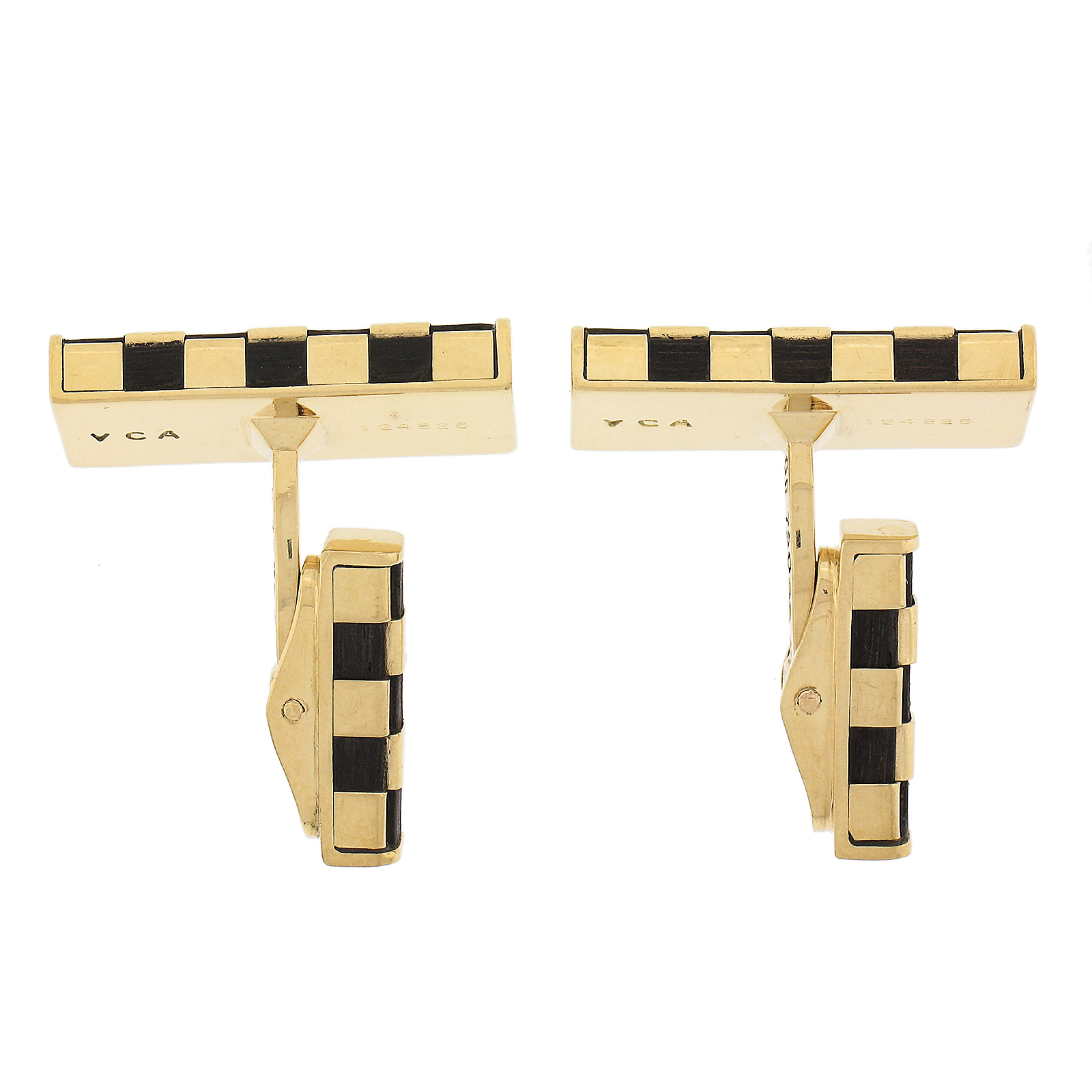 Van Cleef & Arpels Vca French 18k Gold Wood Checkerboard Rectangular Cufflinks In Excellent Condition For Sale In Montclair, NJ