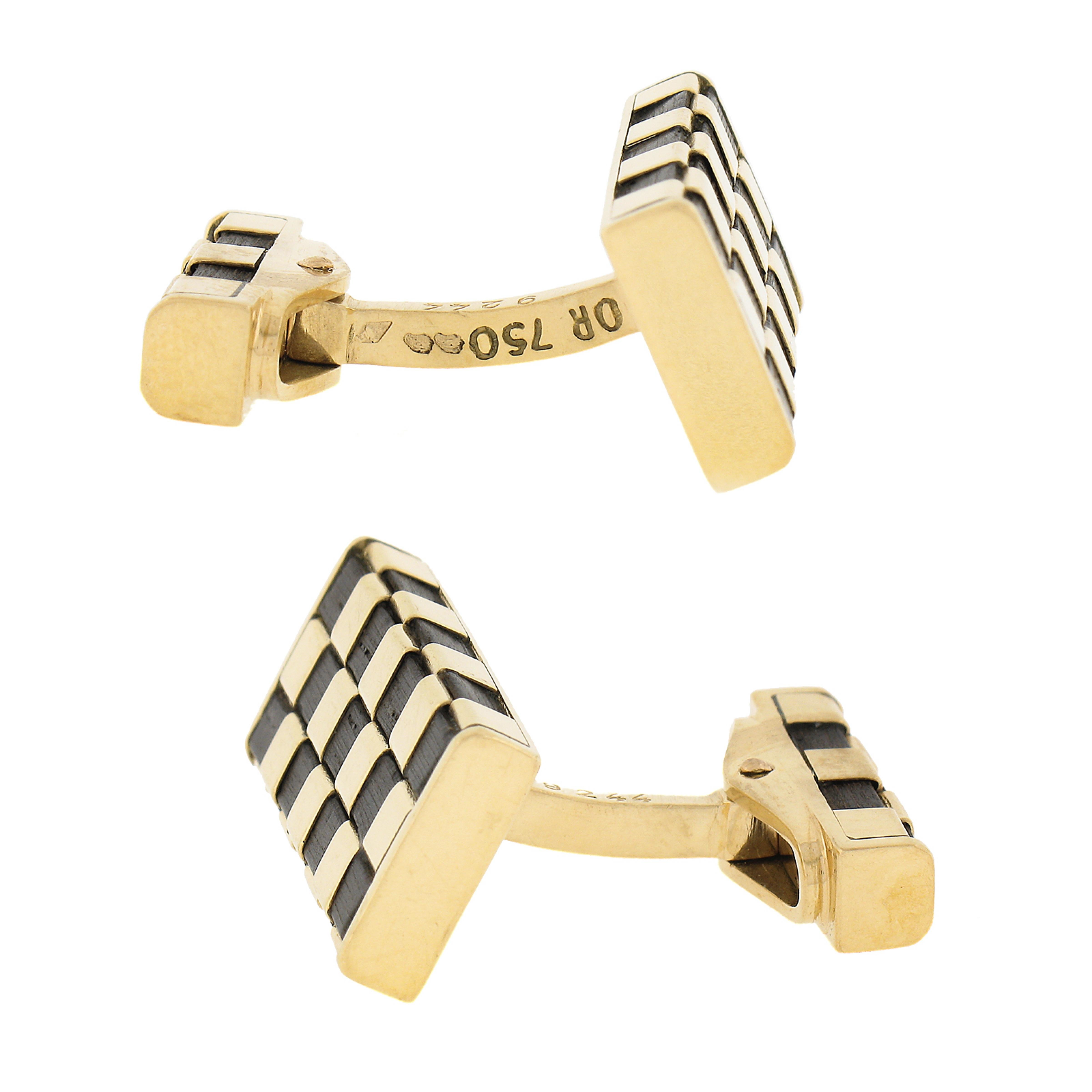 Van Cleef & Arpels Vca French 18k Gold Wood Checkerboard Rectangular Cufflinks For Sale 1